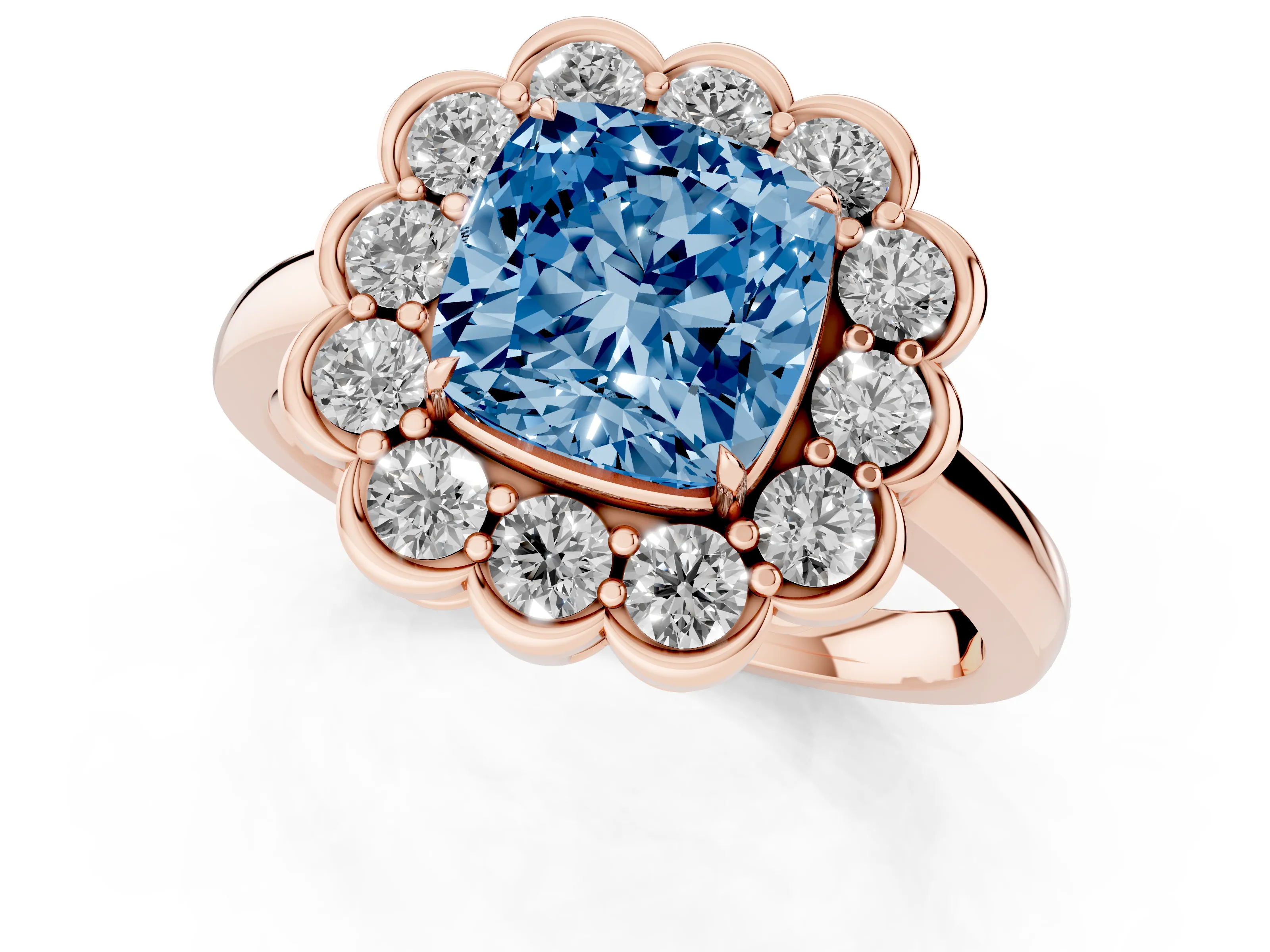 Fancy Blue Cushion Cut Diamond Halo Cluster Engagement Ring Set in Rose gold with Solitaire Band and Prong Setting