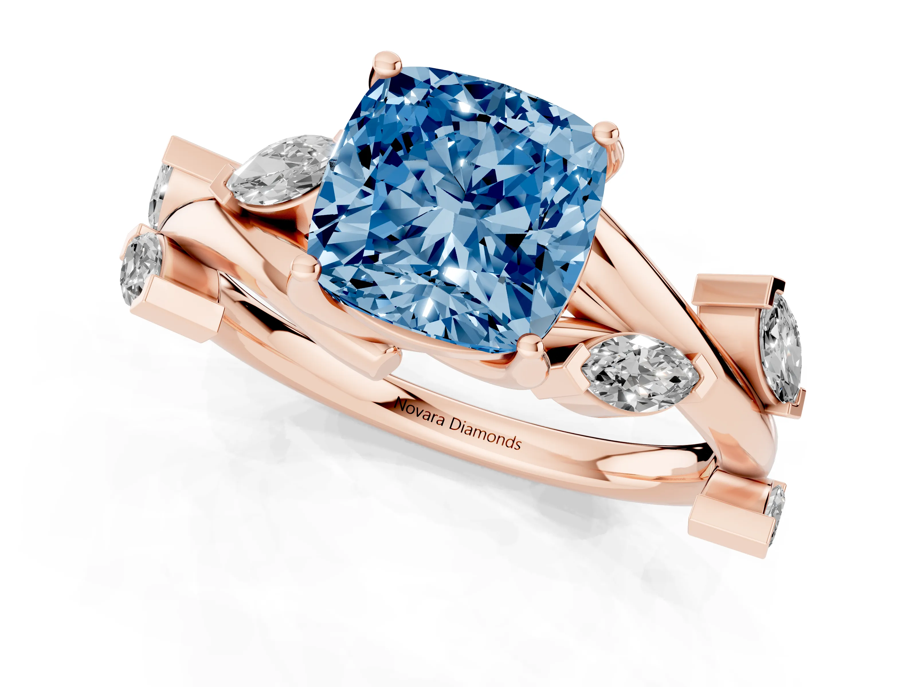 Fancy Blue Cushion Cut Diamond Solitaire Ring Set in Rose gold with Twisted Marquise Accent Band