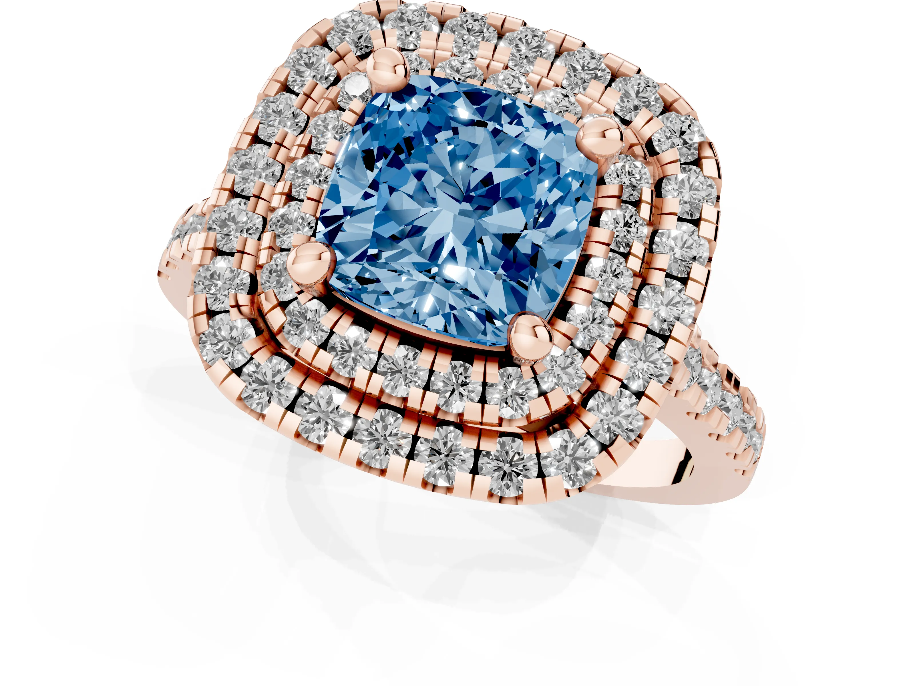 Fancy Blue Cushion Cut Diamond Double Halo Statement Ring Set in Rose gold with Pavé Band