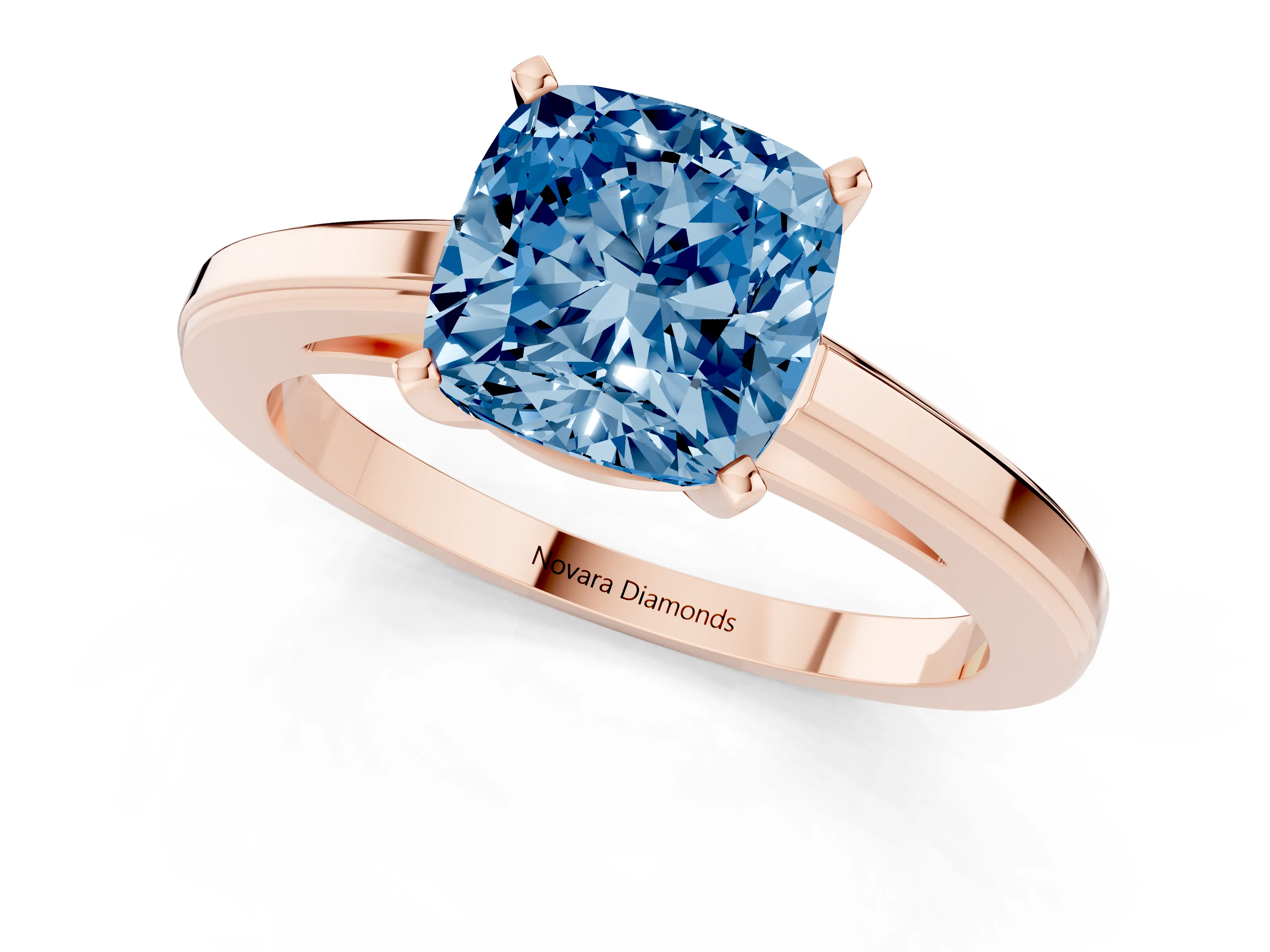 Fancy Blue Cushion Cut Diamond Solitaire Ring Set in Rose gold with Prong Setting and Classic Band