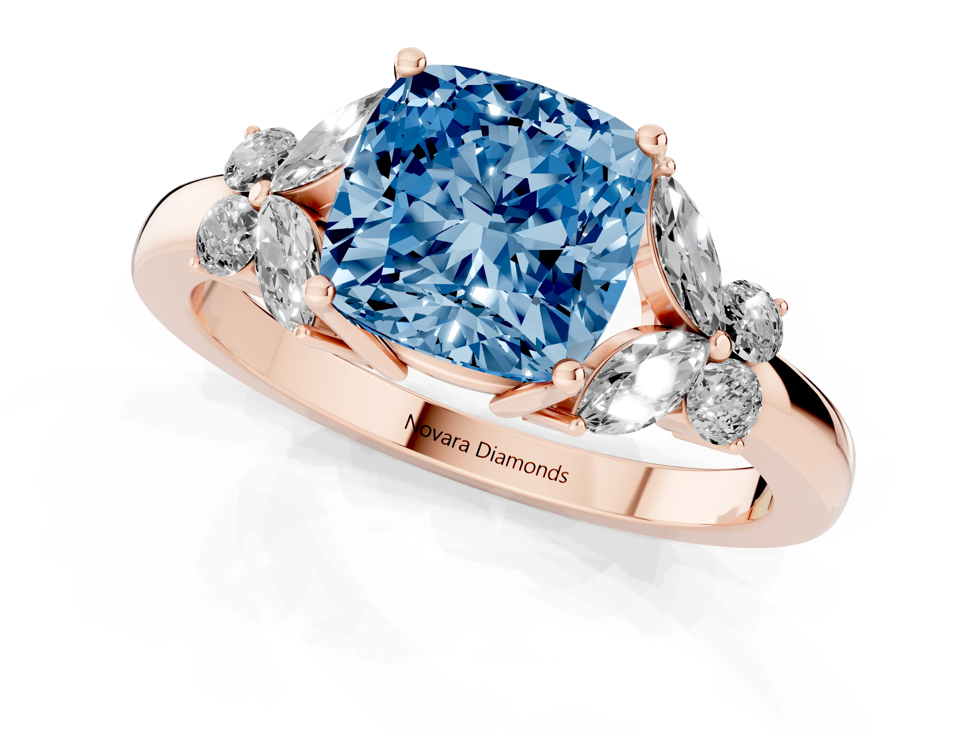 Fancy Blue Cushion Cut Diamond Solitaire Floral Ring Set in Rose gold with Marquise Petals and Prong Setting
