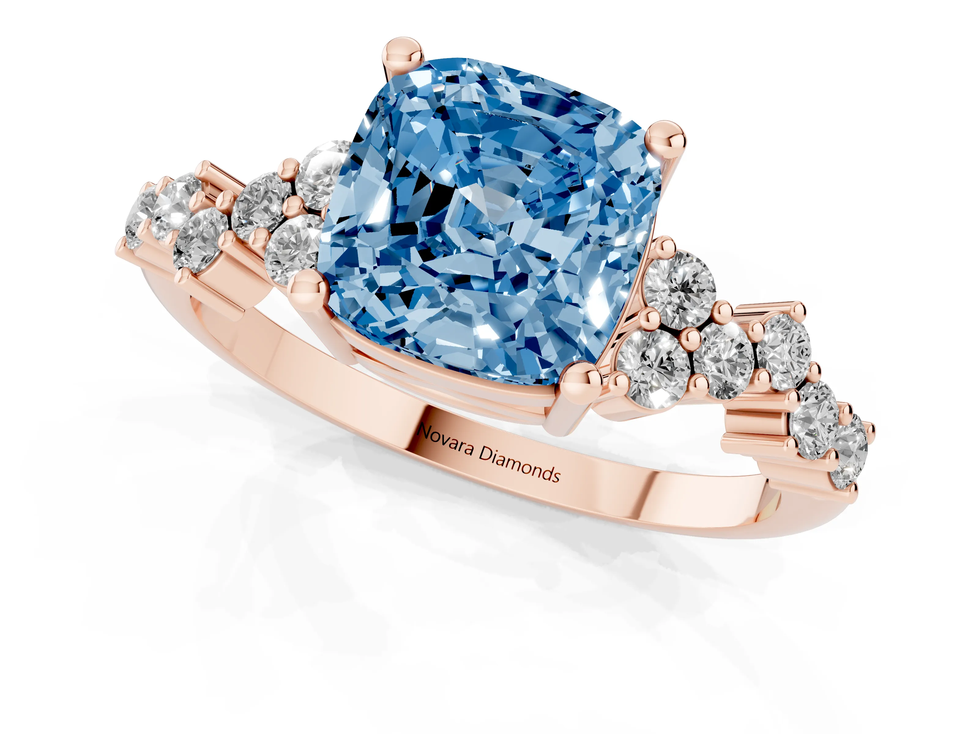 Fancy Blue Cushion Cut Diamond Ring Set in Rose gold with Scattered Round Accents