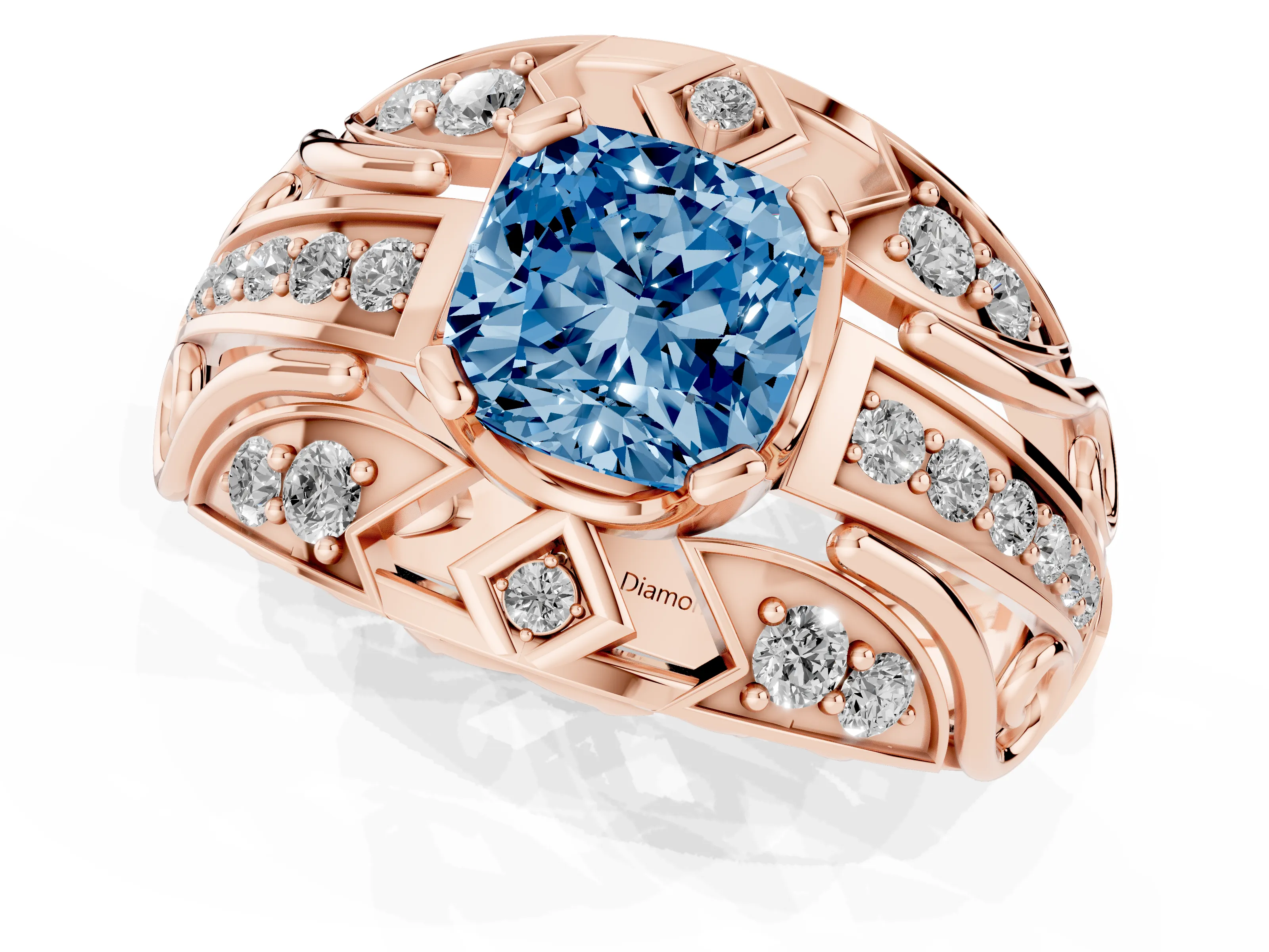 Fancy Blue Cushion Cut Diamond Art Deco Ring Set in Rose gold with Pavé Split Shank