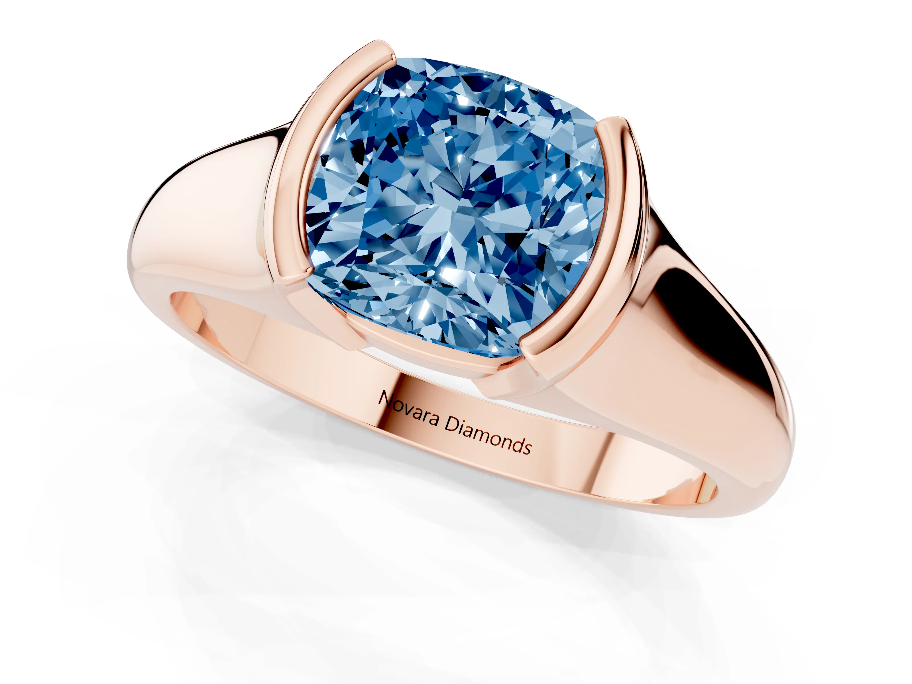 Fancy Blue Cushion Cut Diamond Solitaire Tension Set Ring Set in Rose gold with Split Shank Band