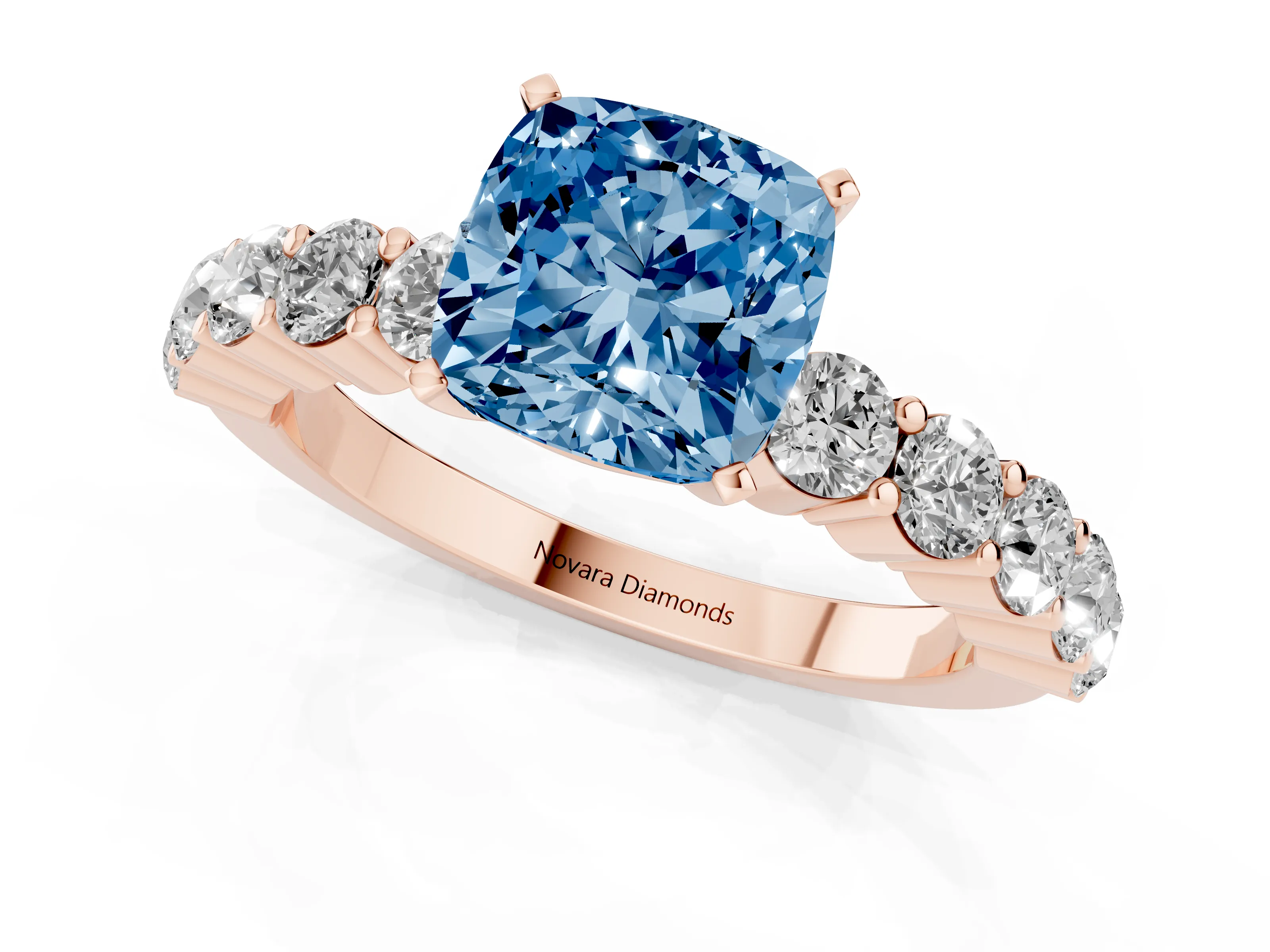 Fancy Blue Cushion Cut Diamond Solitaire Ring Set in Rose gold with Shared Prong Round Side Stones