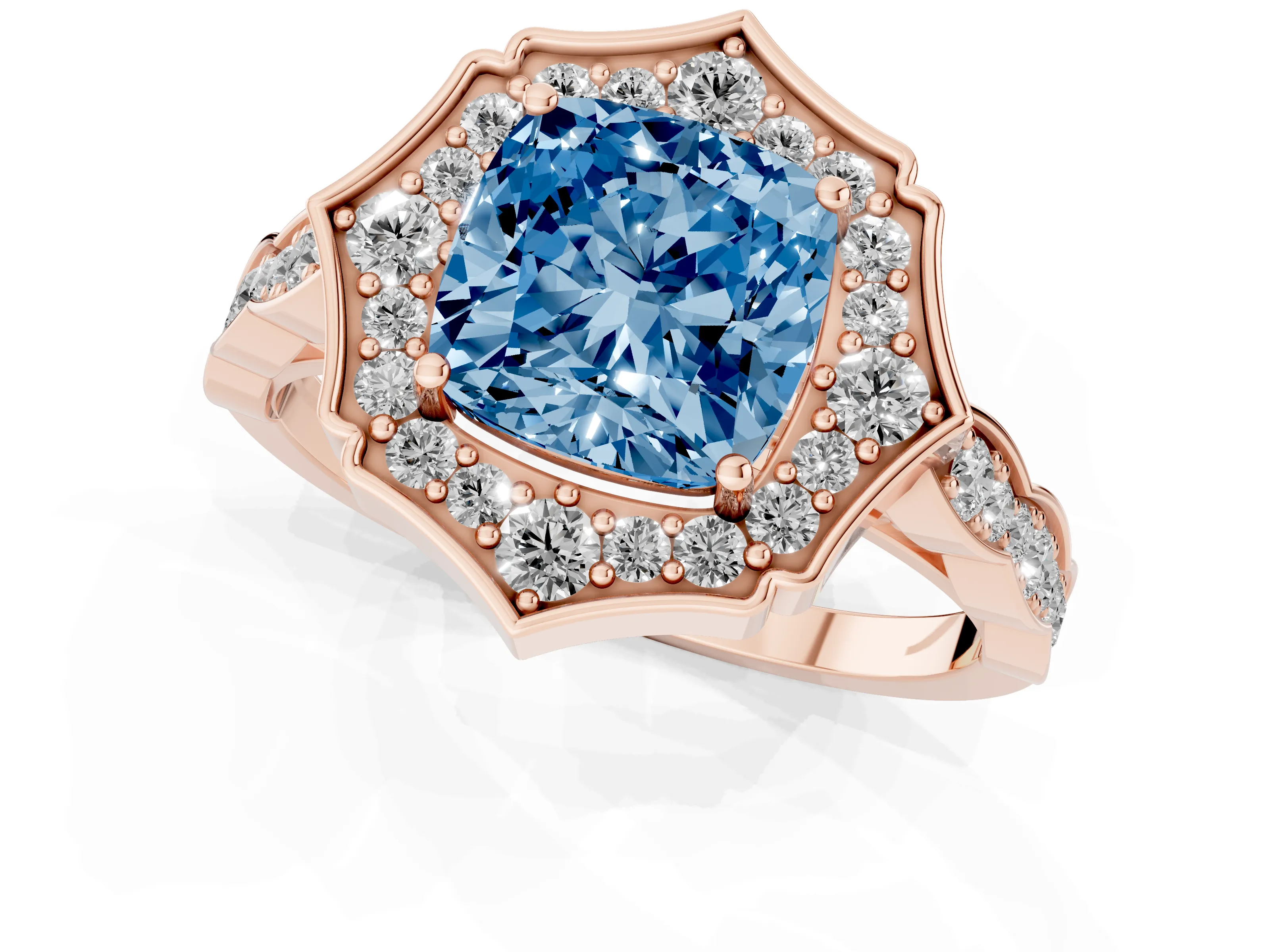 Fancy Blue Cushion Cut Diamond Halo Engagement Ring Set in Rose gold with Milgrain Band and Prong Setting