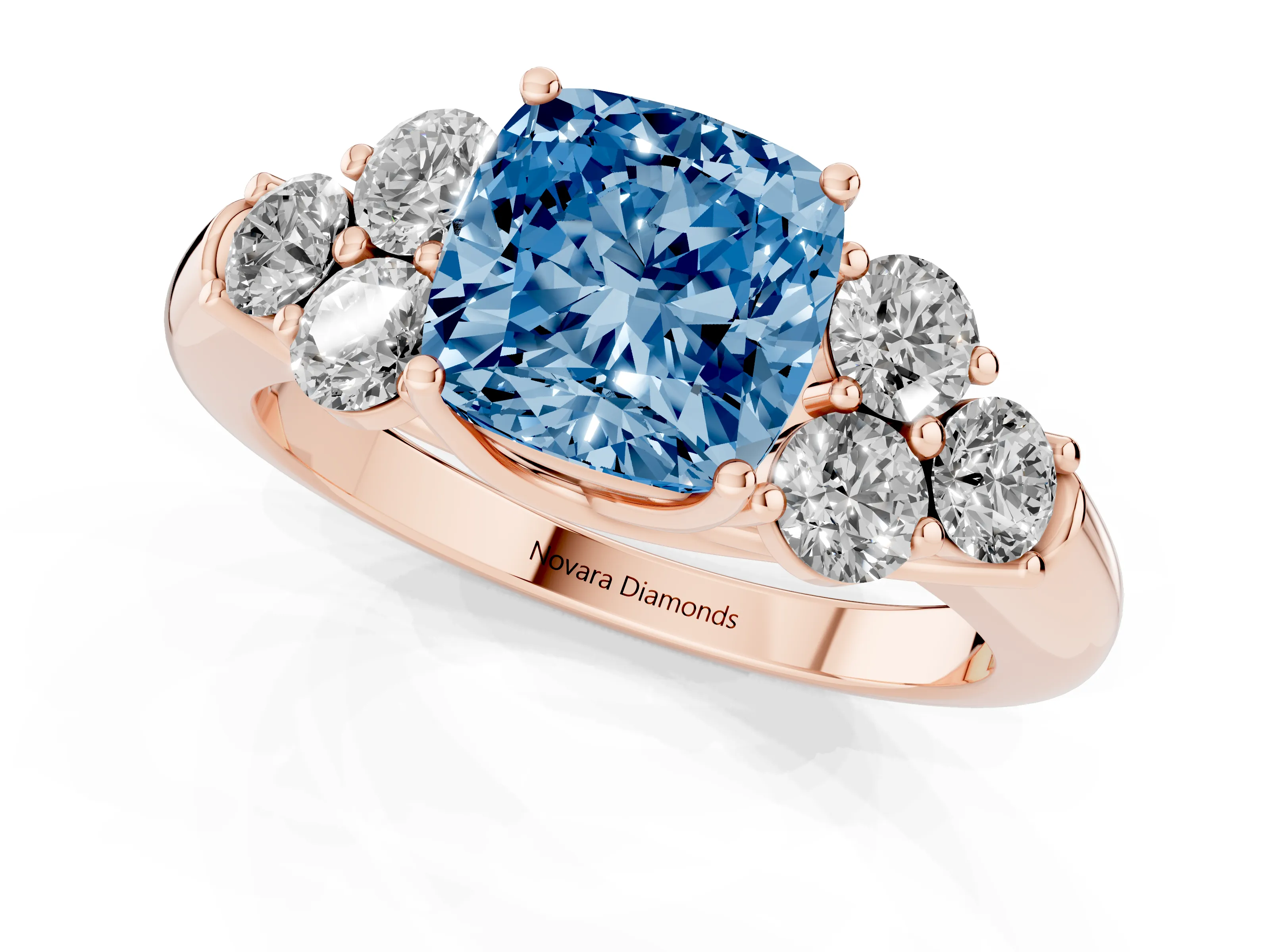 Fancy Blue Cushion Cut Diamond Cluster Ring Set in Rose gold with Round Accent Stones and Prong Setting on a Plain Band