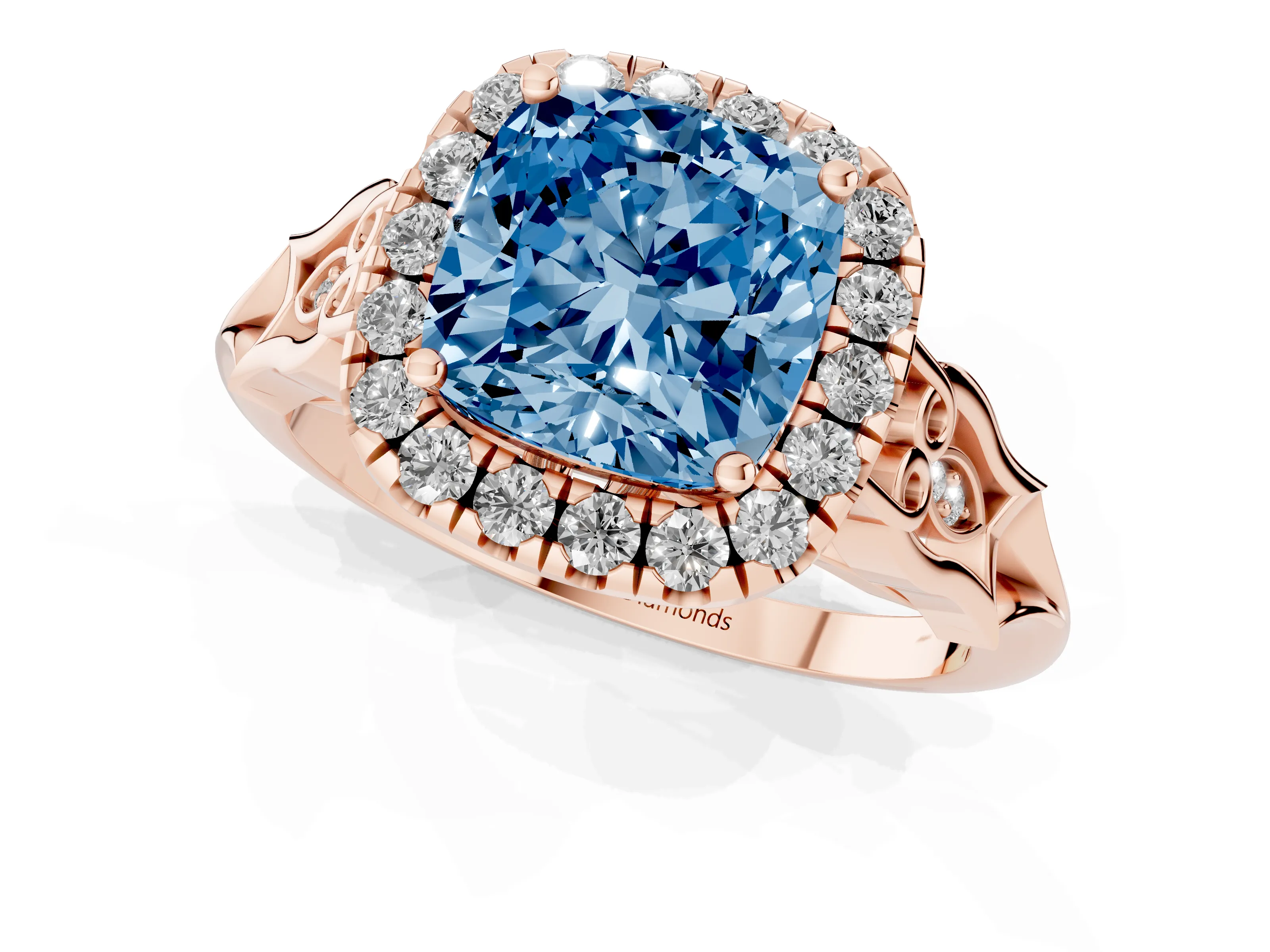 Fancy Blue Cushion Cut Diamond Halo Engagement Ring Set in Rose gold with Filigree Band and Prong-Set Center
