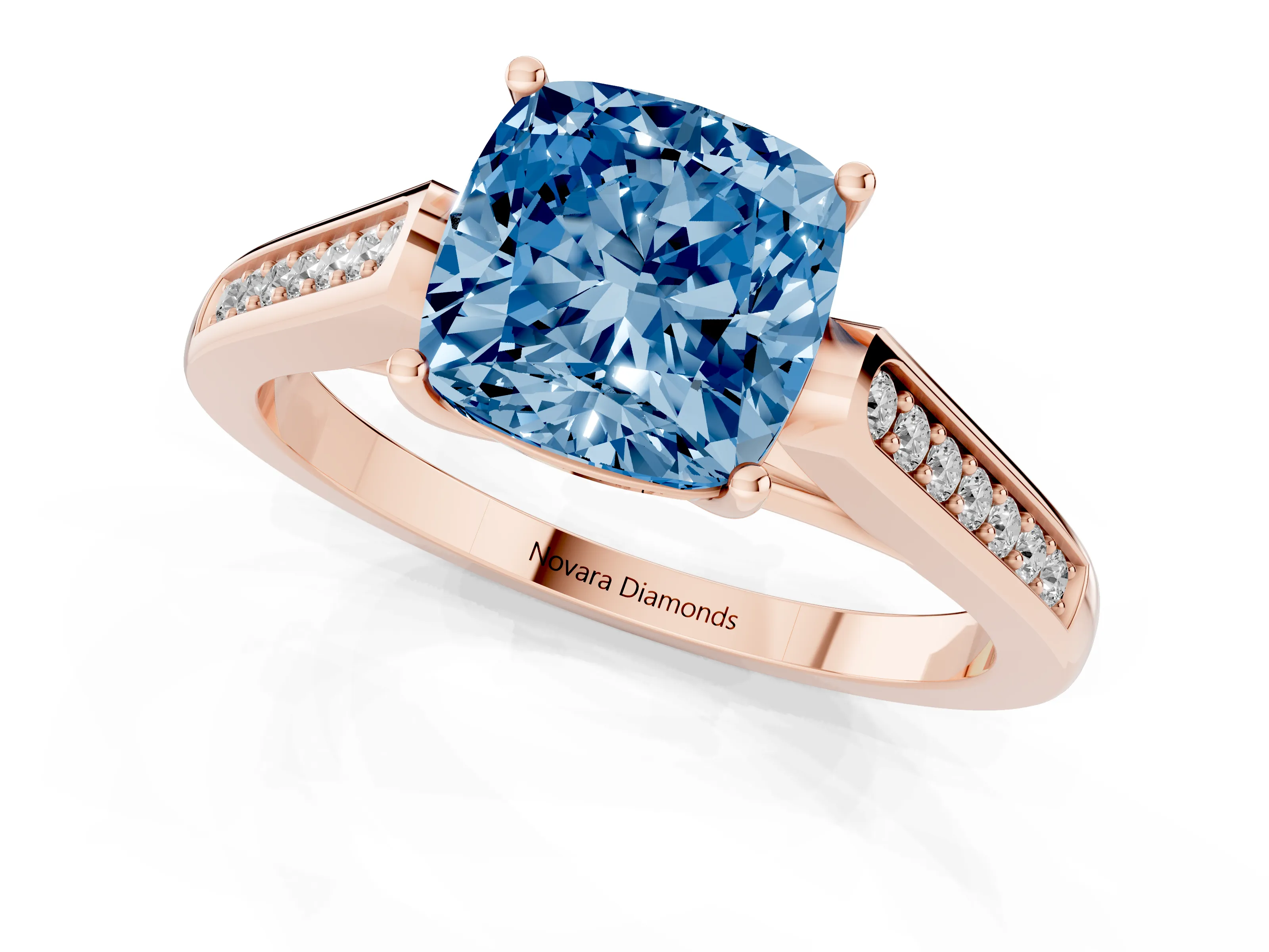 Fancy Blue Cushion Cut Diamond Solitaire Cathedral Engagement Ring Set in Rose gold with Channel-Set Band and Prong Setting