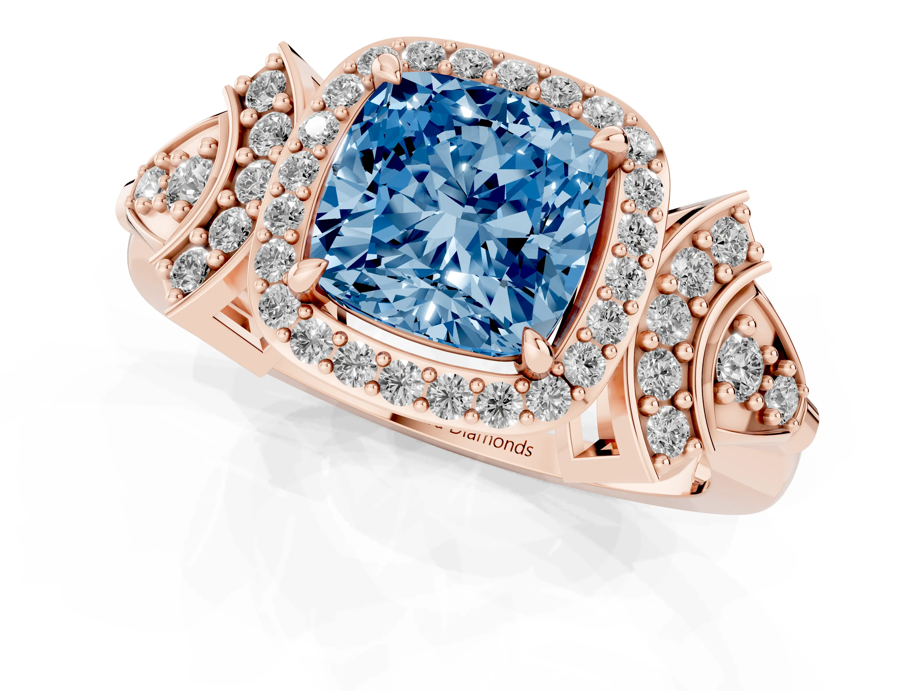 Fancy Blue Cushion Cut Diamond Halo Engagement Ring Set in Rose gold with Accent Stone Split Shank