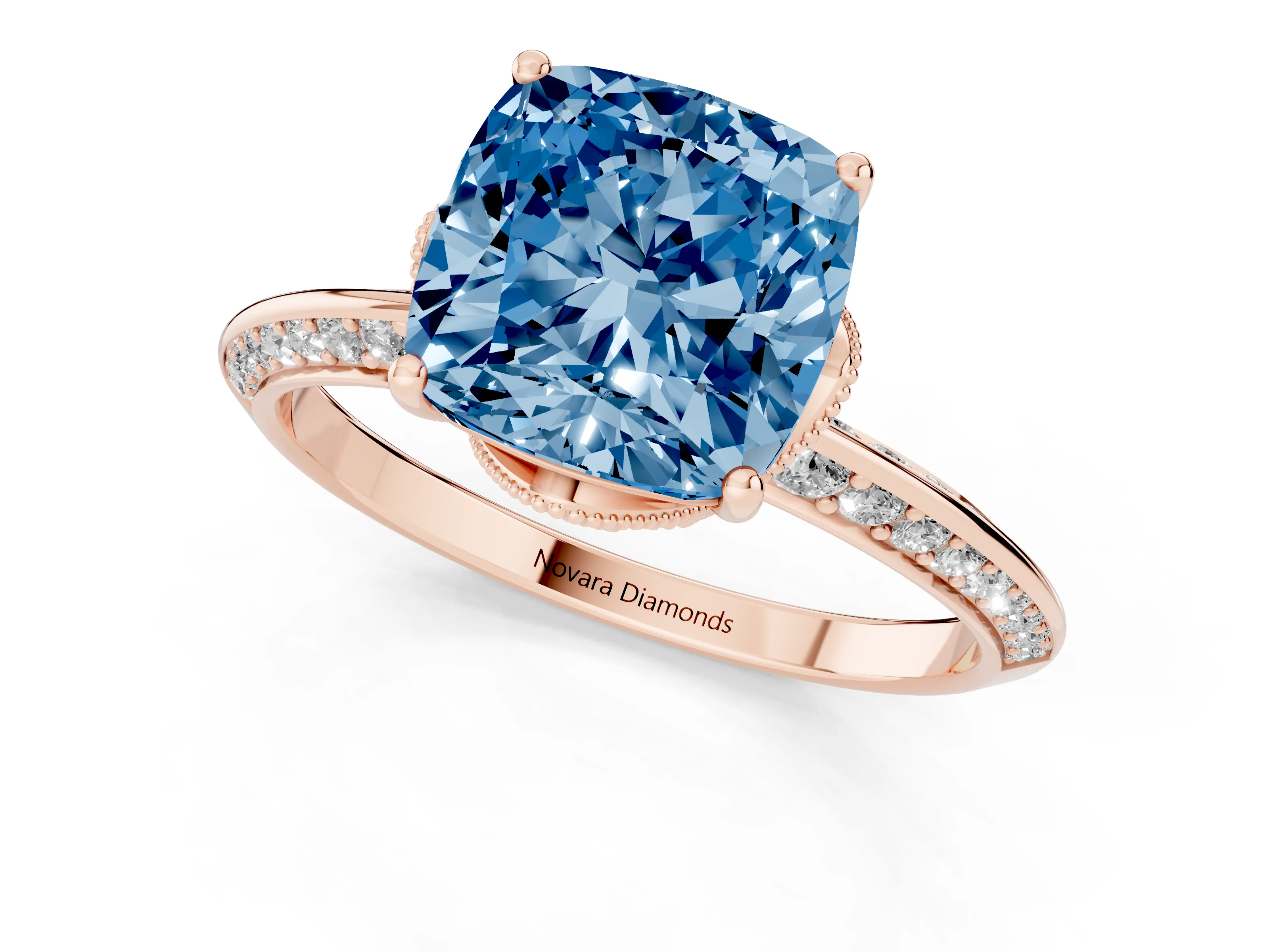 Fancy Blue Cushion Cut Diamond Solitaire Engagement Ring Set in Rose gold with Pavé Split Shank and Prong Setting