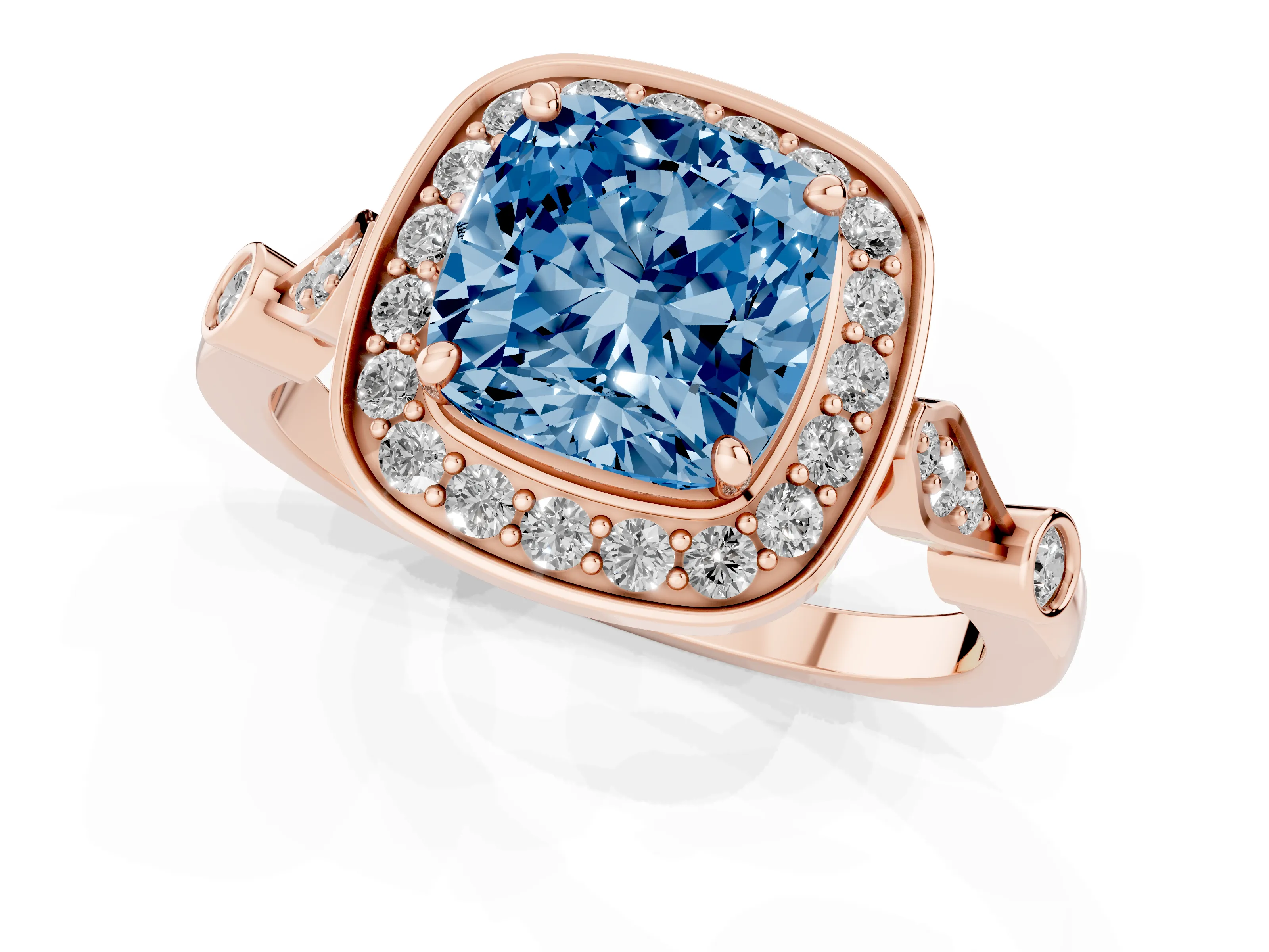Fancy Blue Cushion Cut Diamond Halo Engagement Ring Set in Rose gold with Twisted Band and Prong Setting