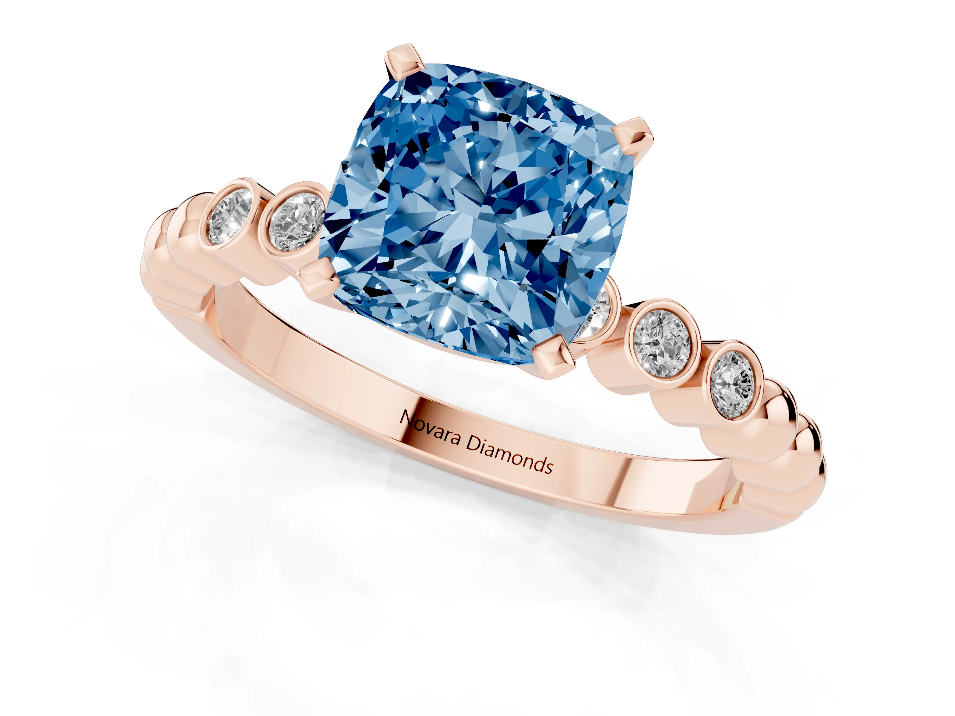 Fancy Blue Cushion Cut Diamond Solitaire Engagement Ring Set in Rose gold with Bezel Accents on Beaded Band