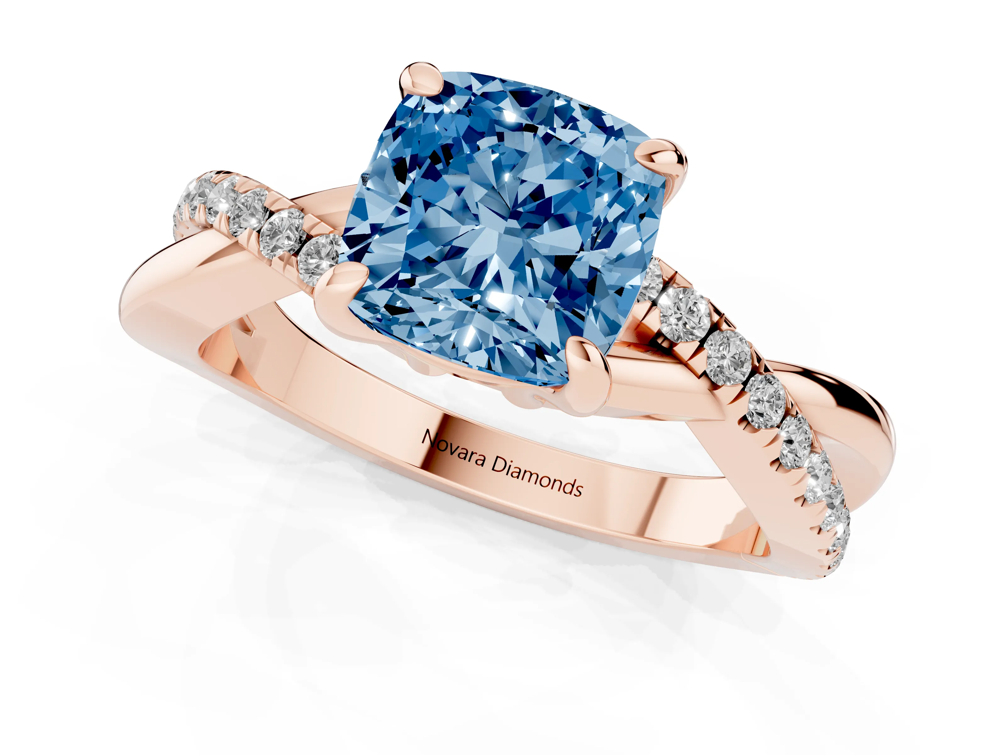 Fancy Blue Cushion Cut Diamond Twist Band Pavé Solitaire Ring Set in Rose gold with Prong Setting