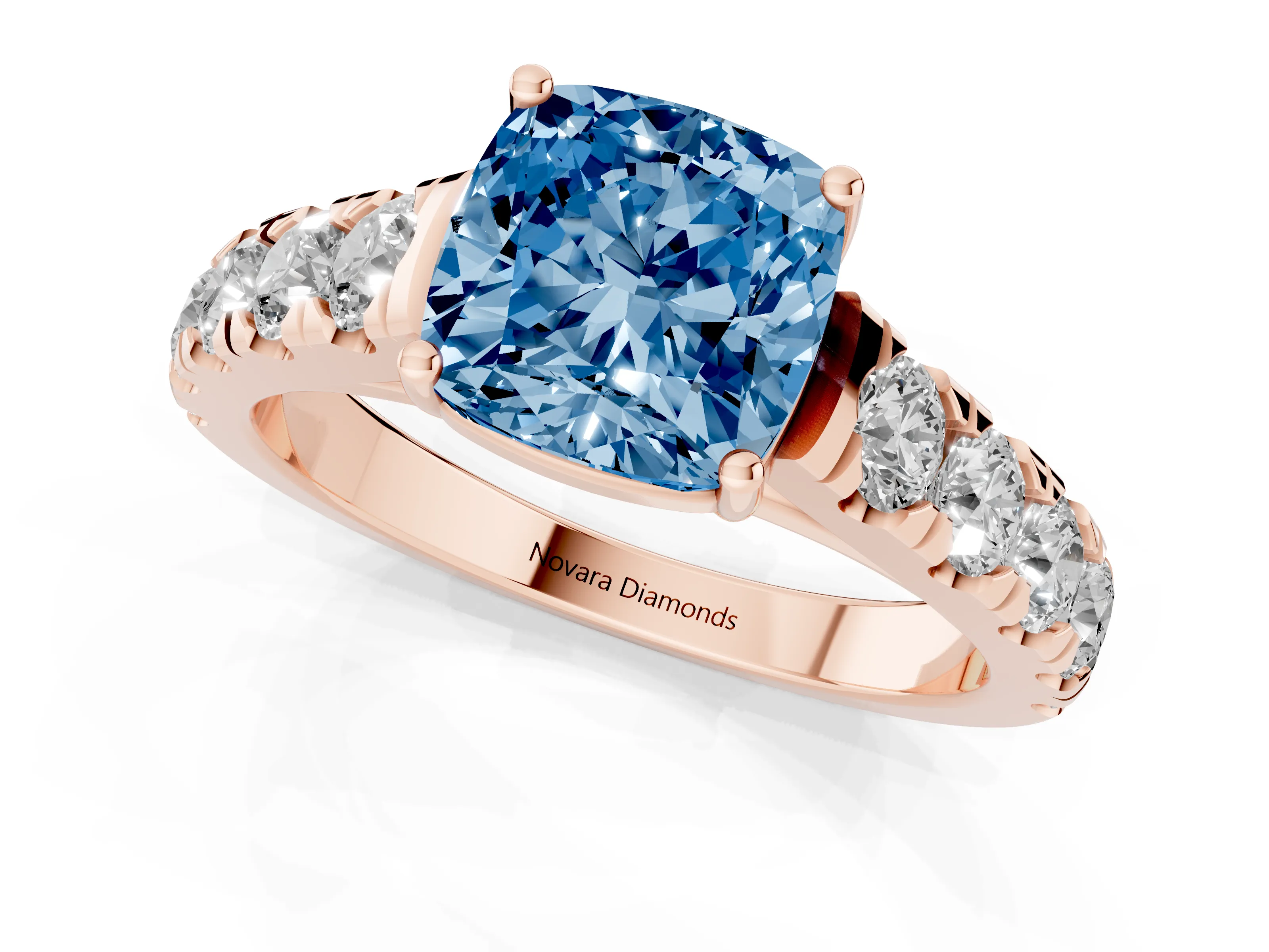 Fancy Blue Cushion Cut Diamond Solitaire Ring Set in Rose gold with Cut-Down Micro Pavé Band and Prong Setting