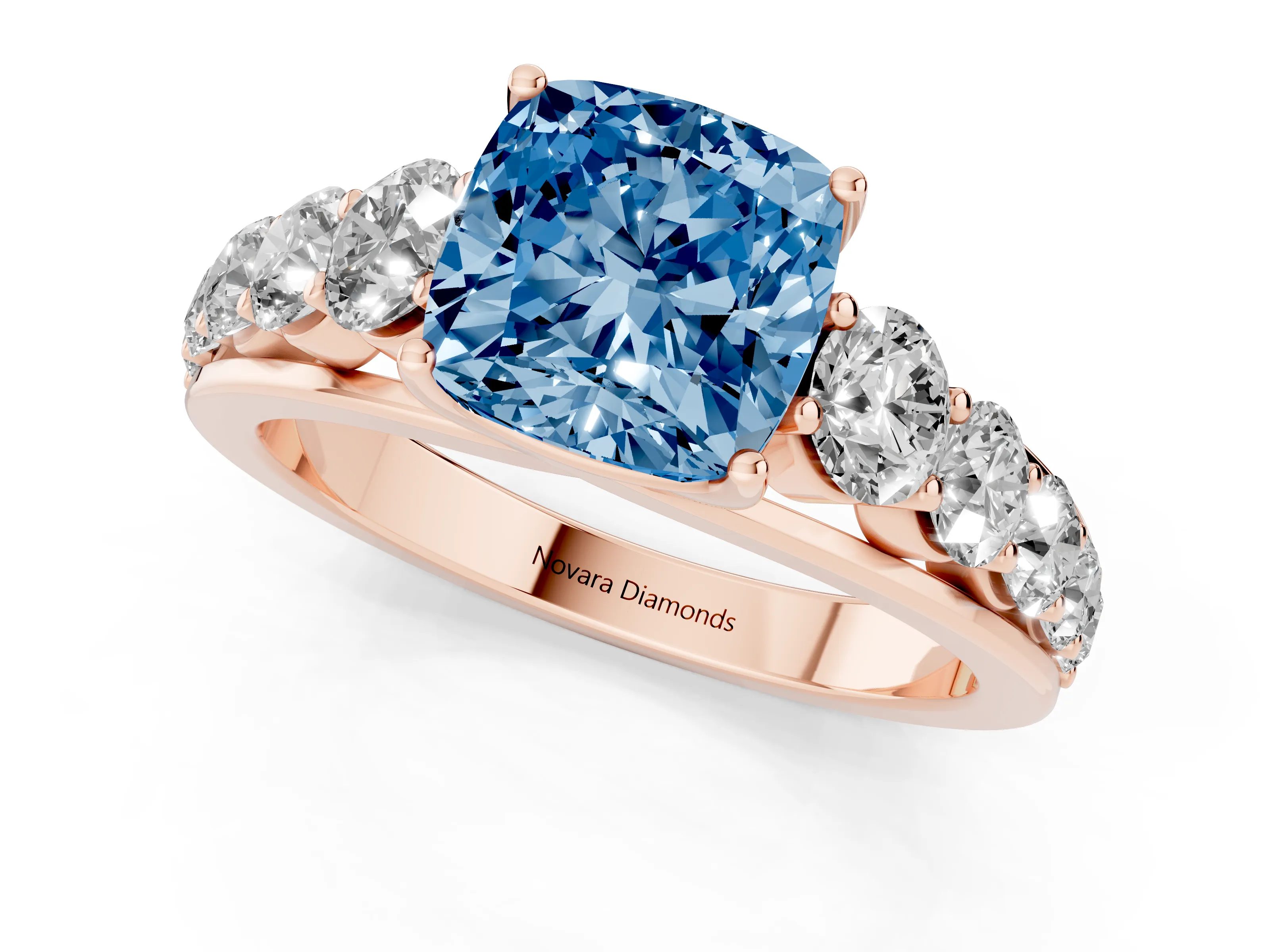 Fancy Blue Cushion Cut Diamond Solitaire Ring Set in Rose gold with Pavé-Set Band and Prong Setting