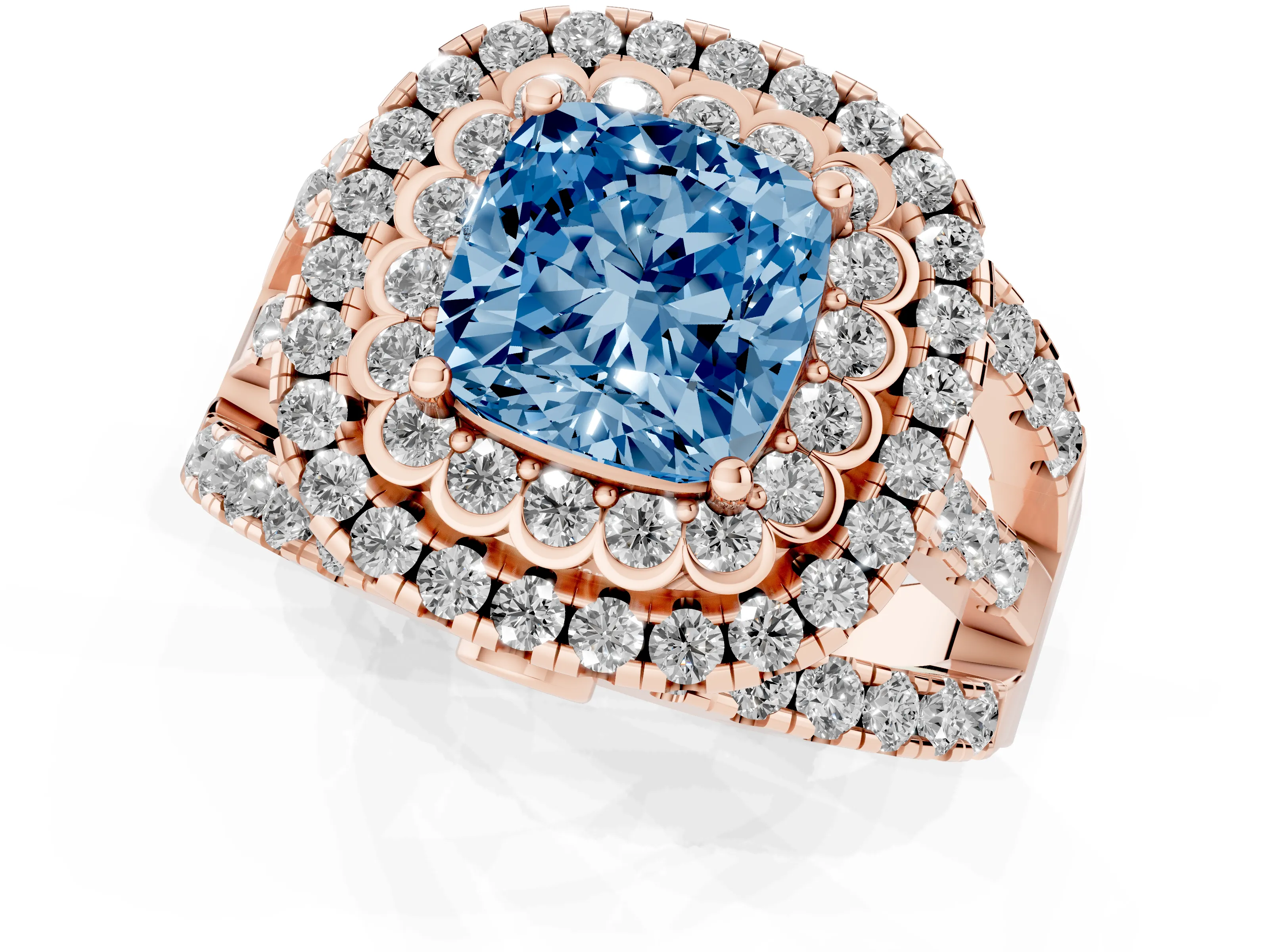 Fancy Blue Cushion Cut Diamond Double Halo Ring Set in Rose gold with Round Pavé Split Shank