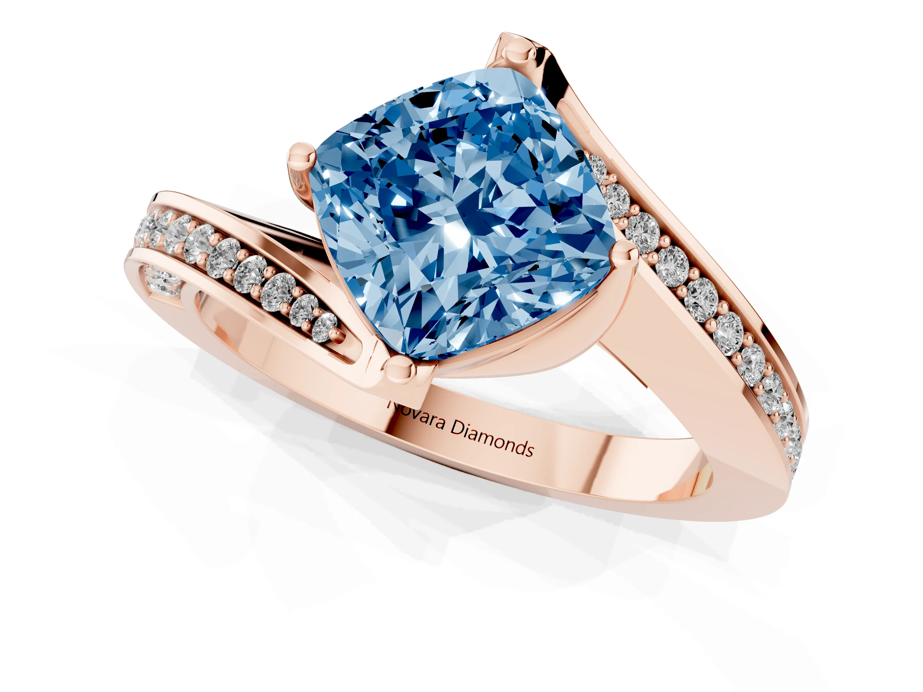 Fancy Blue Cushion Cut Diamond Solitaire Ring Set in Rose gold with Intertwined Pavé Twist Band