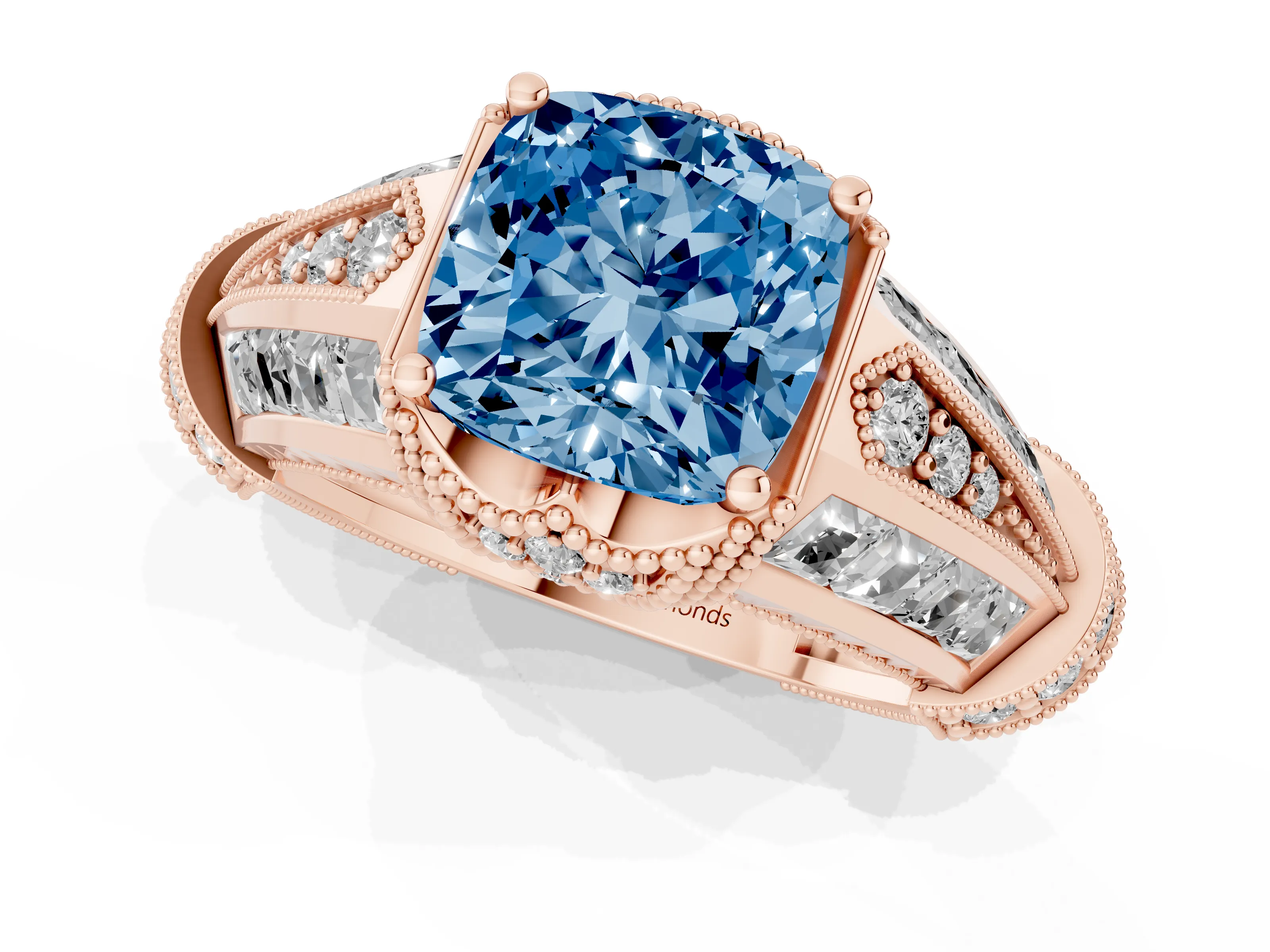 Fancy Blue Cushion Cut Diamond Vintage-Inspired Milgrain Ring Set in Rose gold with Accent Split Shank