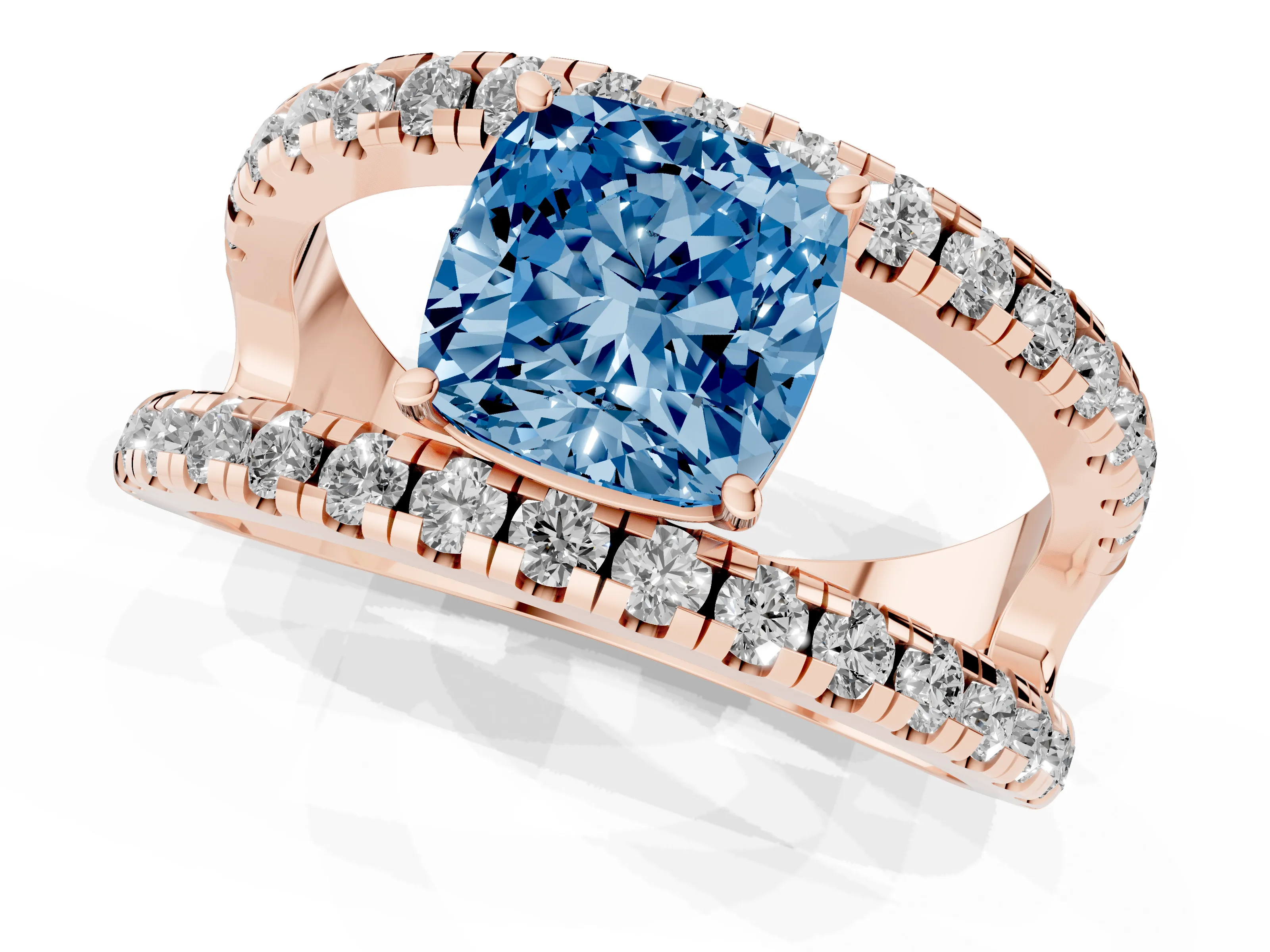 Fancy Blue Cushion Cut Diamond Split Shank Pavé Solitaire Ring Set in Rose gold with Open Shank Design