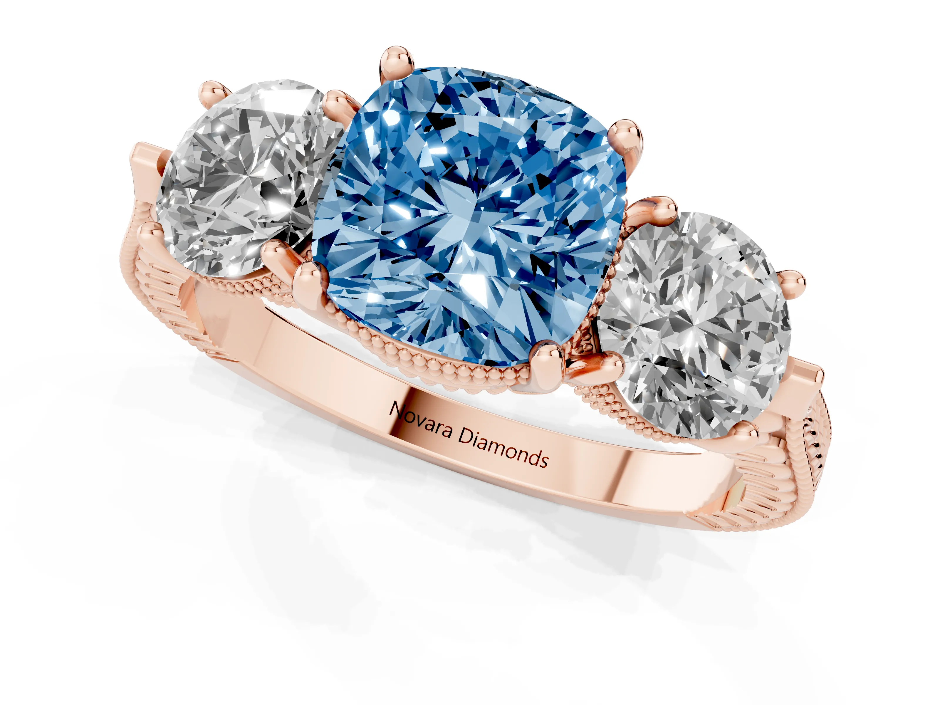 Fancy Blue Cushion Cut Diamond Three-Stone Ring Set in Rose gold with Milgrain Band