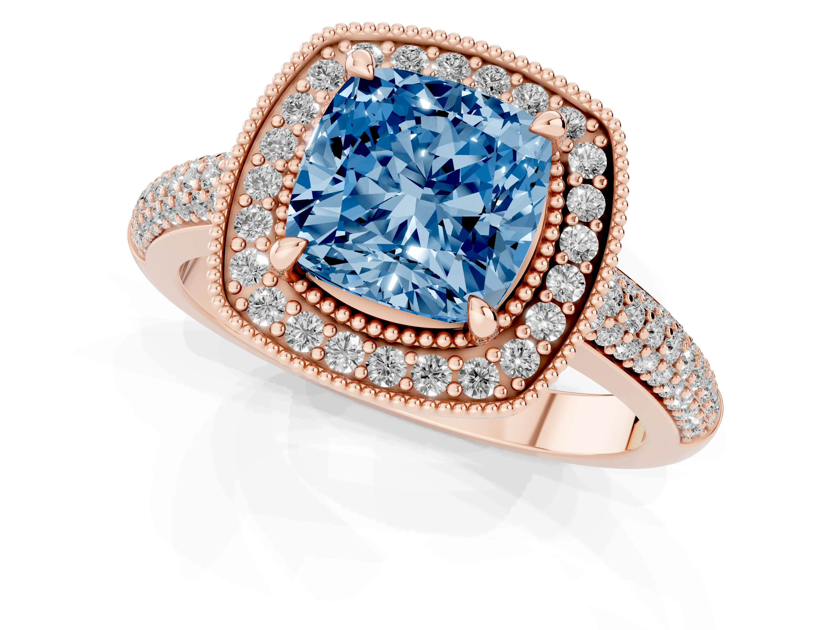 Fancy Blue Cushion Cut Diamond Halo Pavé Band Set in Rose gold with Prong Setting