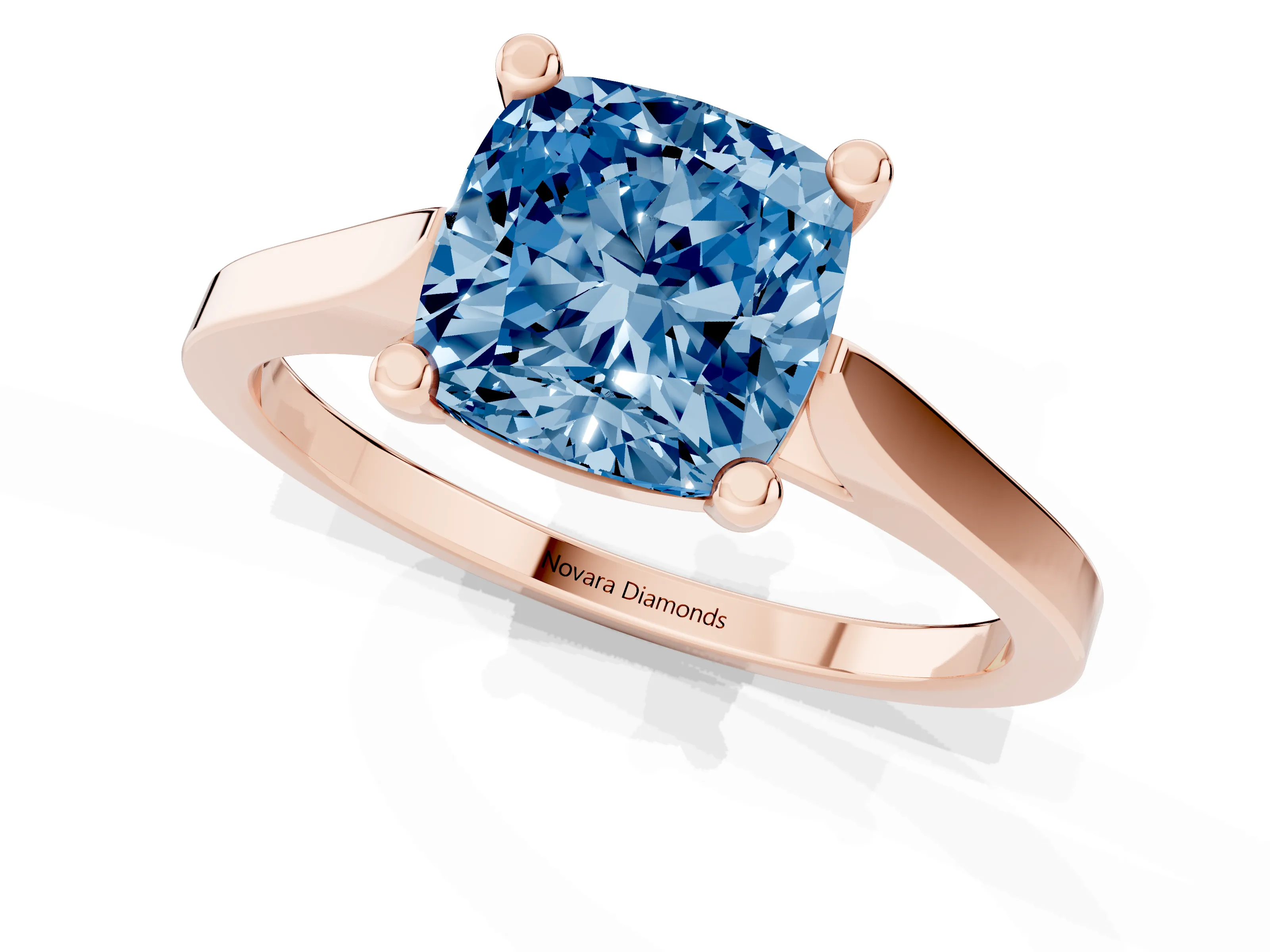 Fancy Blue Cushion Cut Diamond Solitaire Ring Set in Rose gold with Prong Setting and Tapered Band