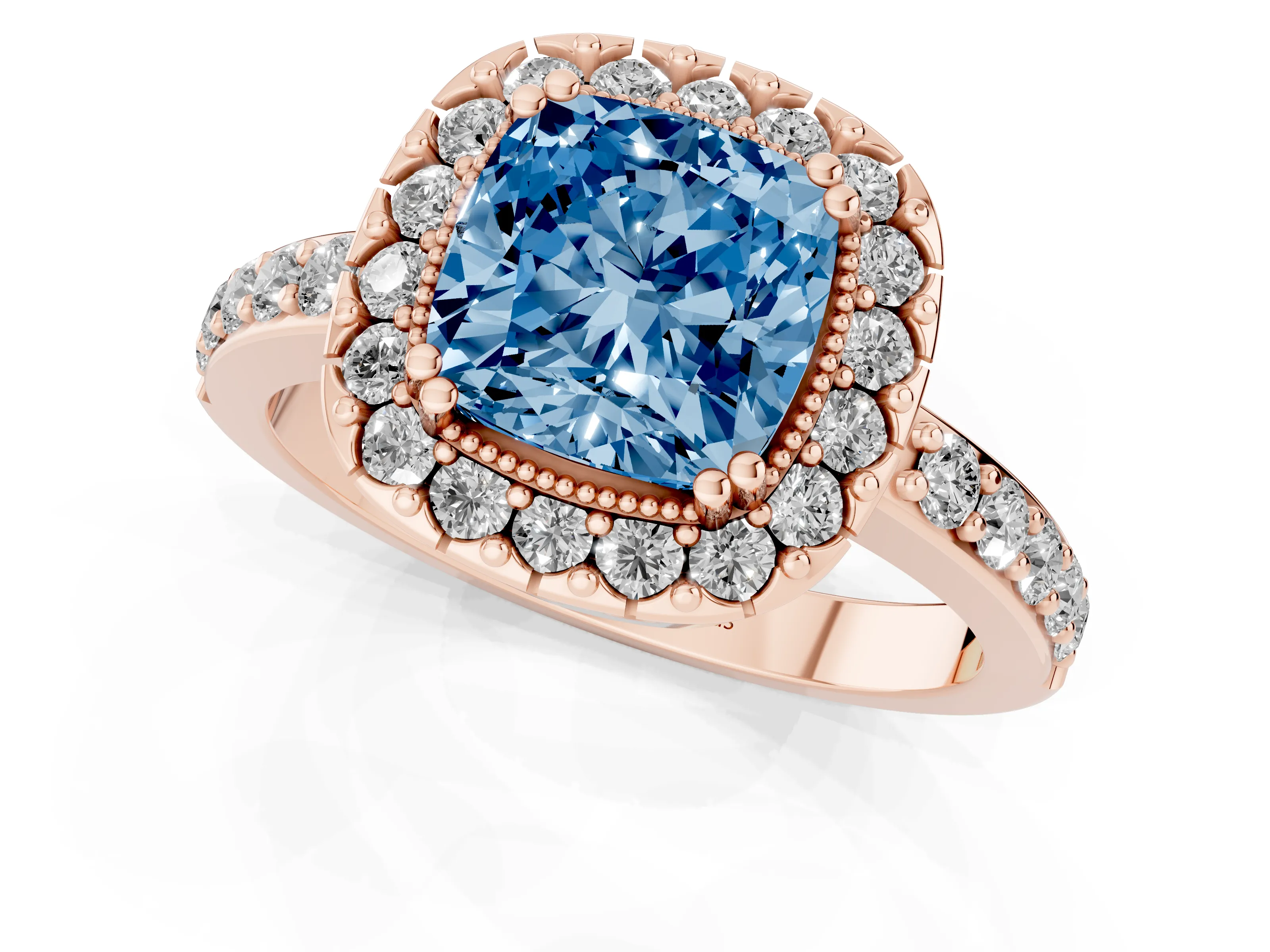 Fancy Blue Cushion Cut Diamond Halo Ring Set in Rose gold with Pavé Shank and Prong Setting