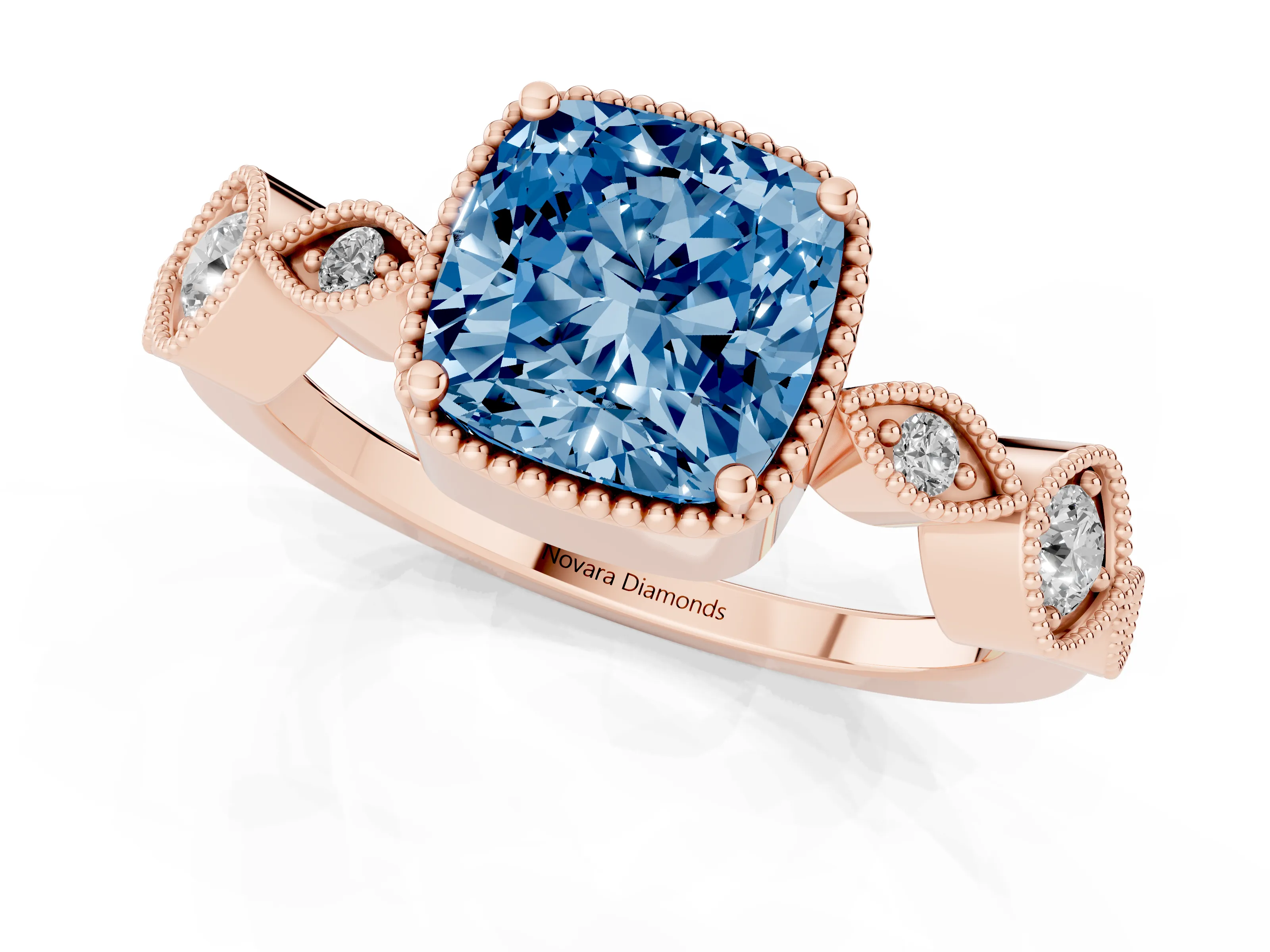 Fancy Blue Cushion Cut Diamond Vintage-Inspired Milgrain Ring Set in Rose gold with Marquise Stations of Round Accents