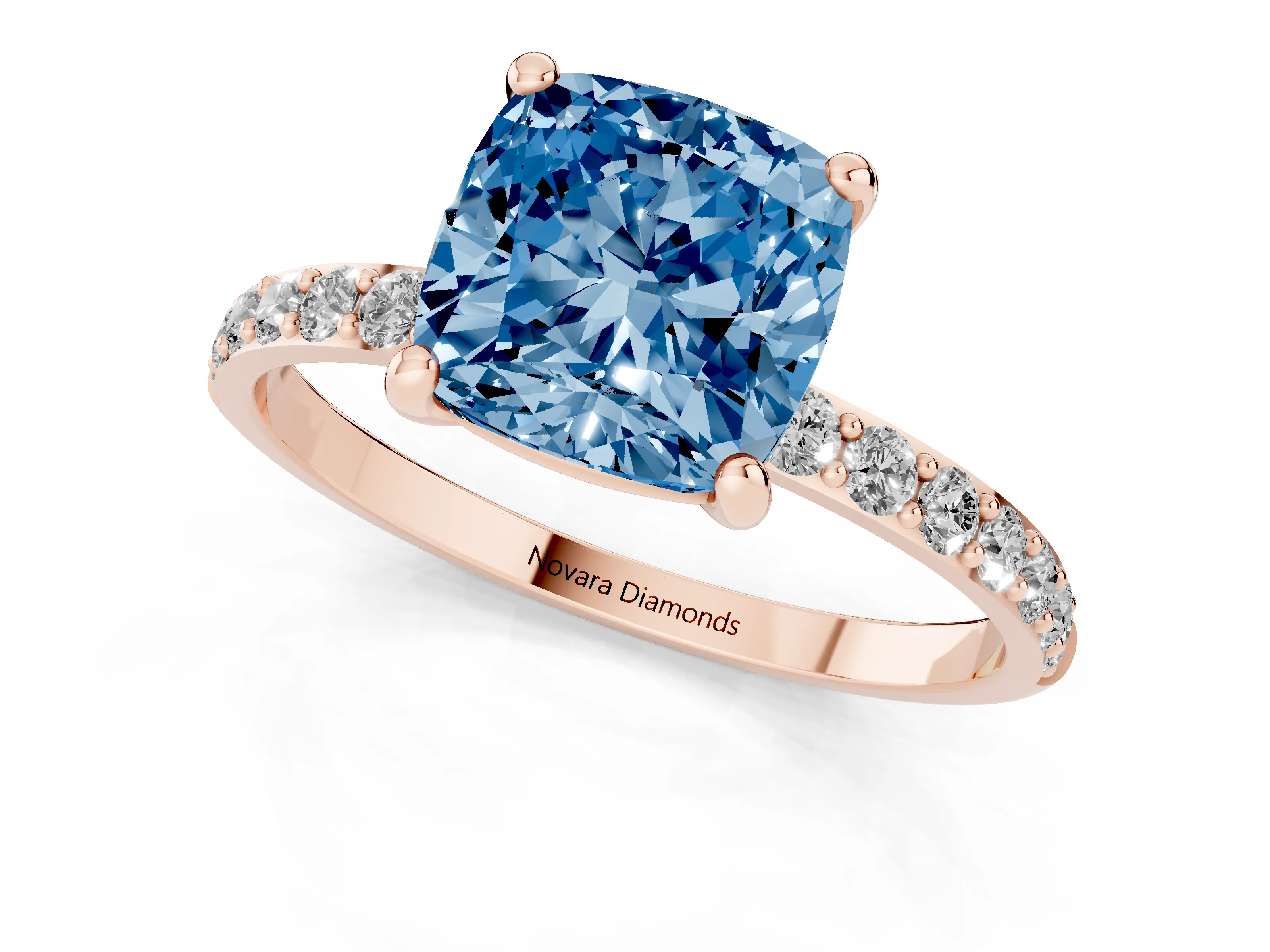 Fancy Blue Cushion Cut Diamond Solitaire Ring Set in Rose gold with Round Pavé Band and Prong Setting
