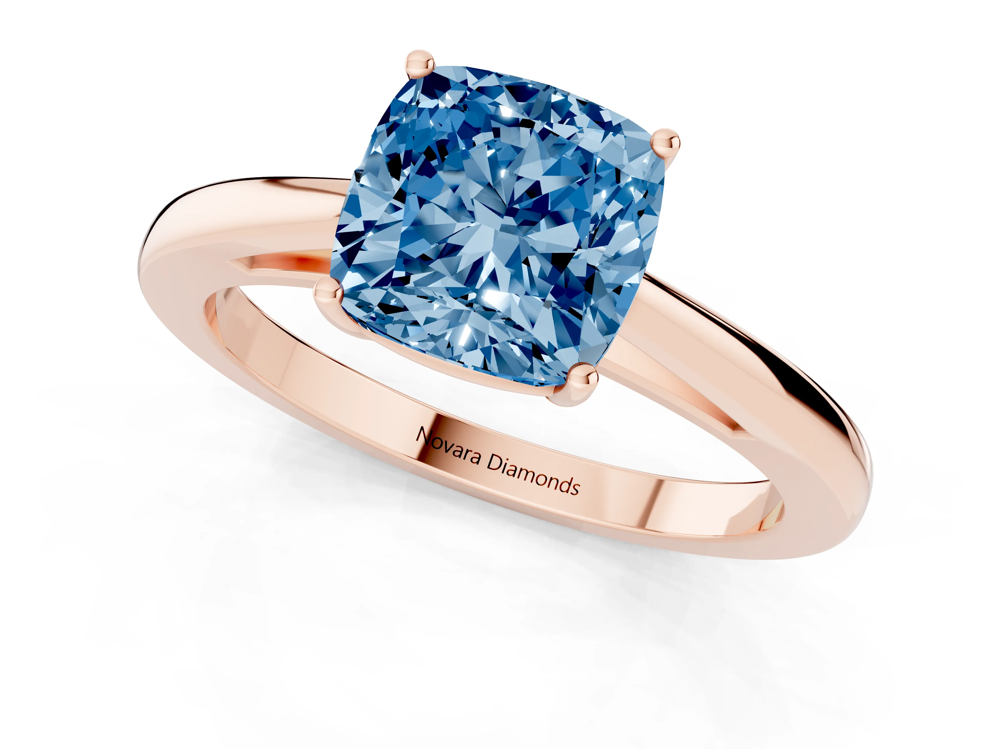 Fancy Blue Cushion Cut Diamond Solitaire Ring Set in Rose gold with Split Shank and Prong Setting