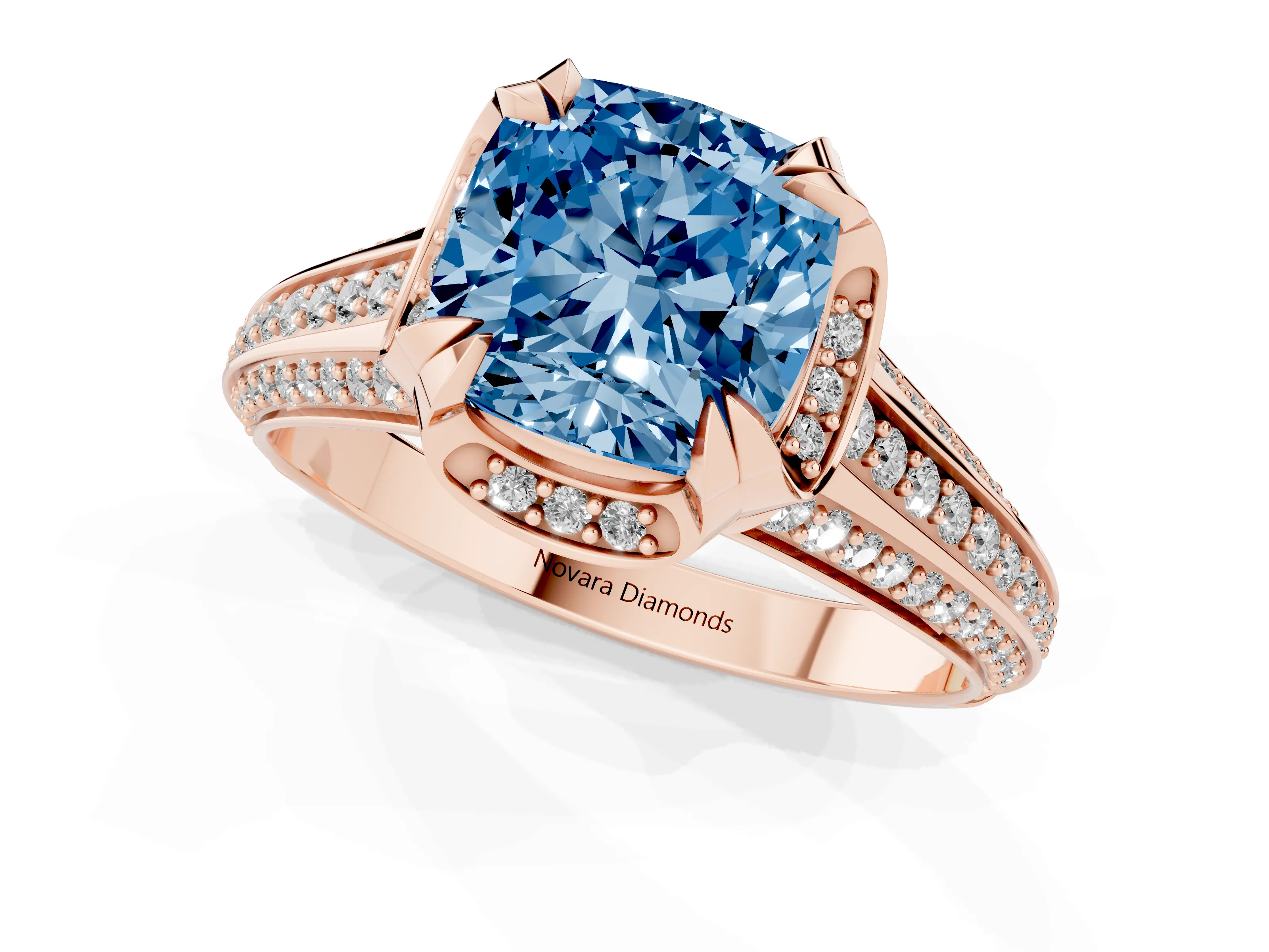 Fancy Blue Cushion Cut Diamond Pavé Split Shank Solitaire Ring Set in Rose gold with Prong Setting