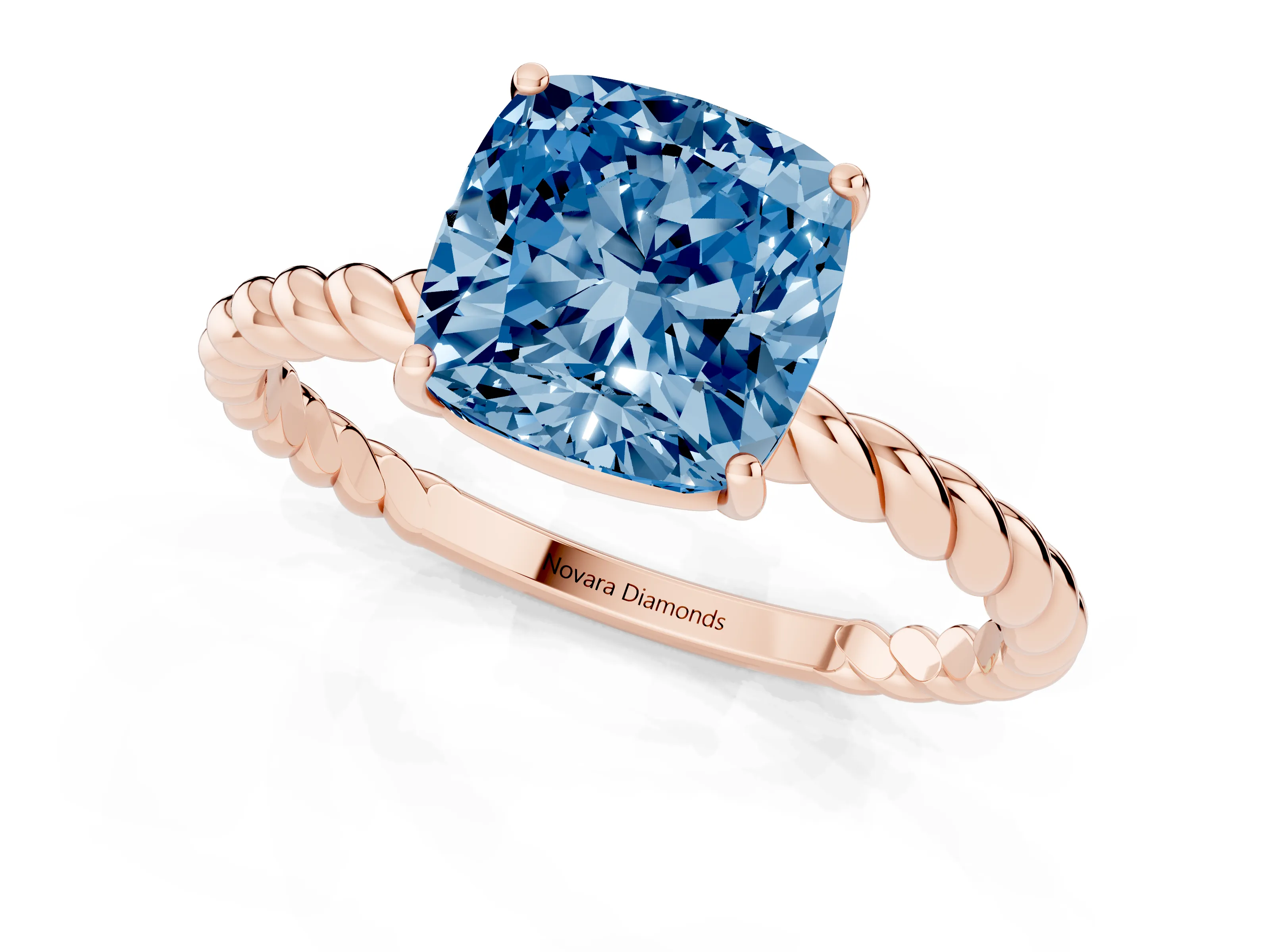 Fancy Blue Cushion Cut Diamond Solitaire Ring Set in Rose gold with Twist Band and Prong Setting