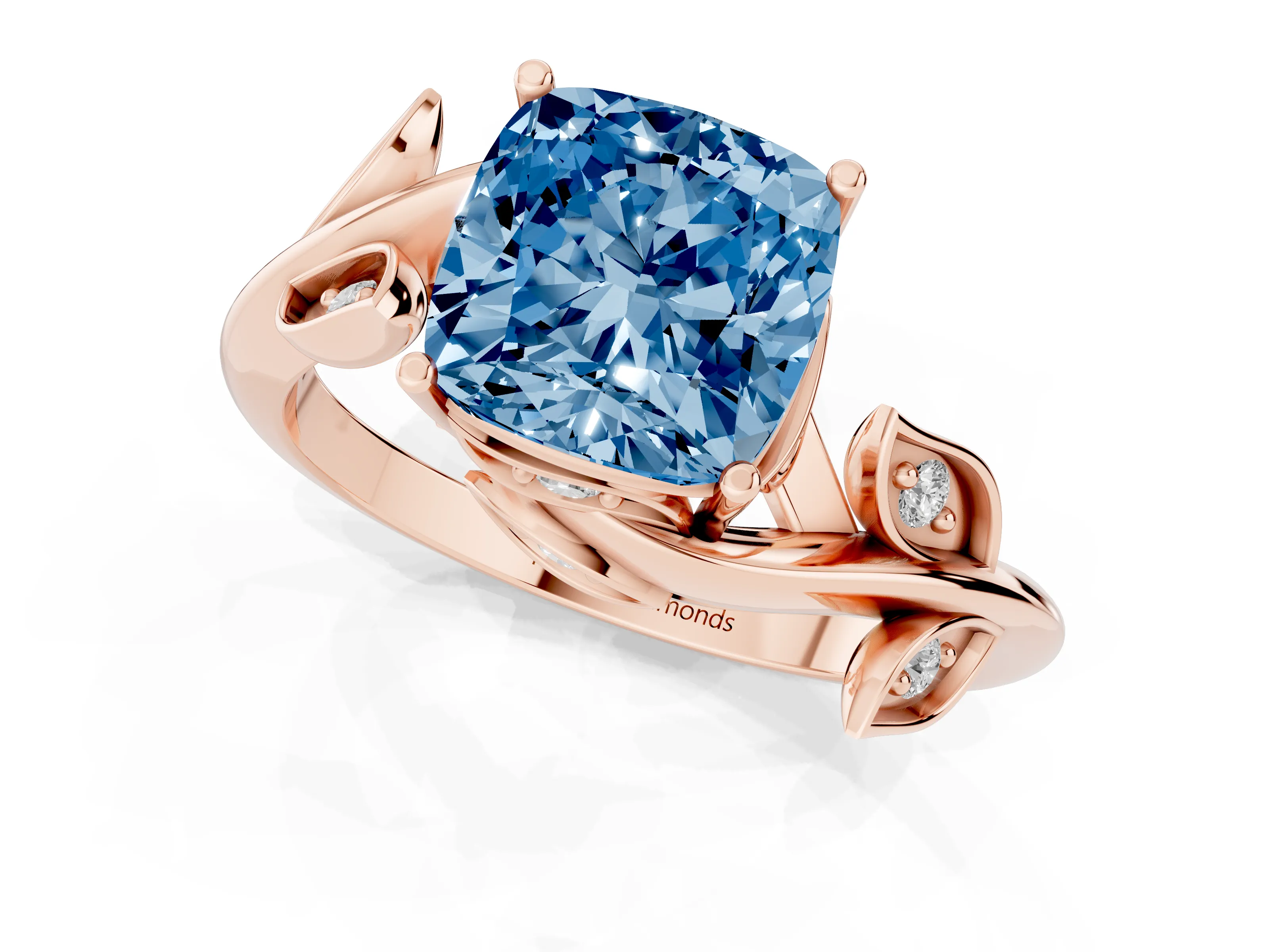 Fancy Blue Cushion Cut Diamond Solitaire Twist Engagement Ring Set in Rose gold with Pavé Leaf Accents