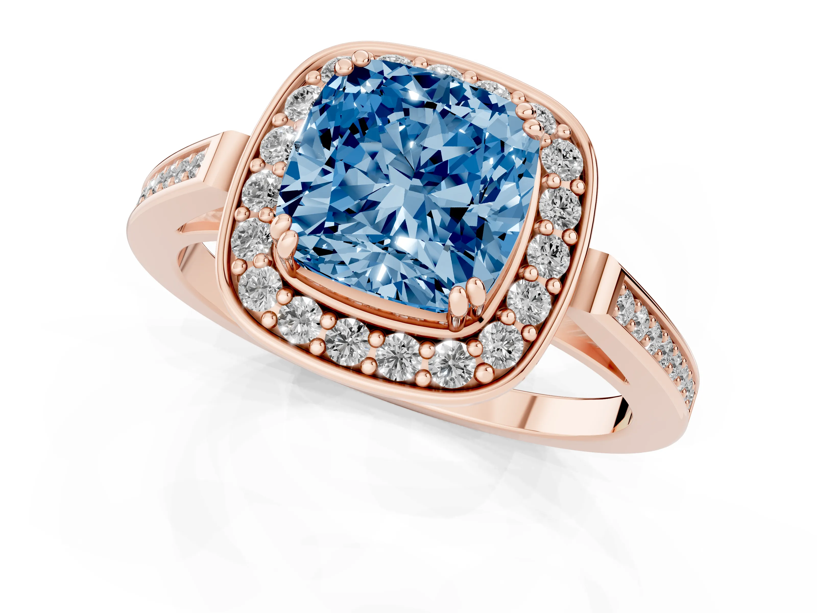 Fancy Blue Cushion Cut Diamond Halo Ring Set in Rose gold with Accent-Lined Split Shank and Prong Setting