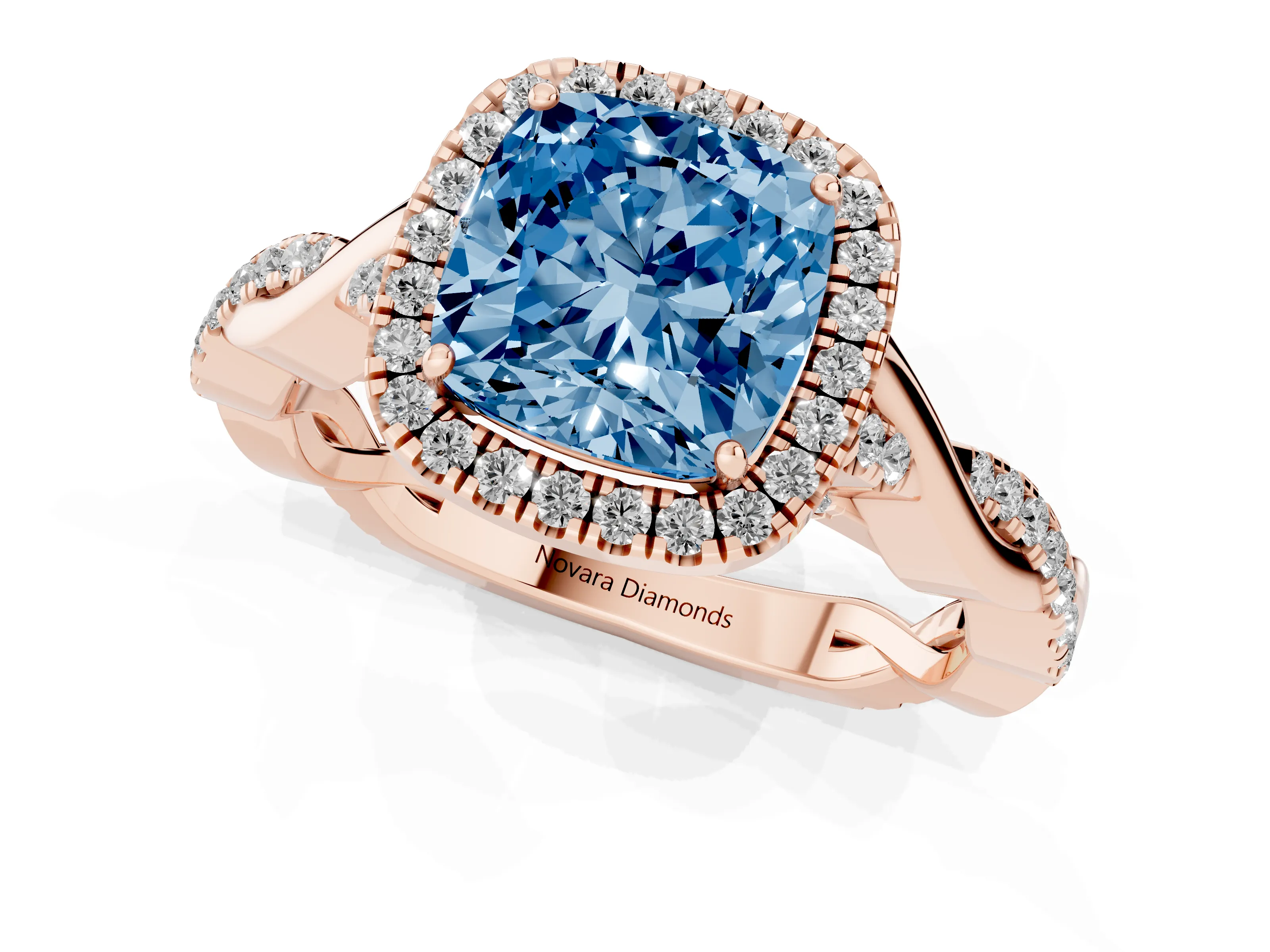 Fancy Blue Cushion Cut Diamond Halo Twist Band Solitaire Ring Set in Rose gold with Prong Setting