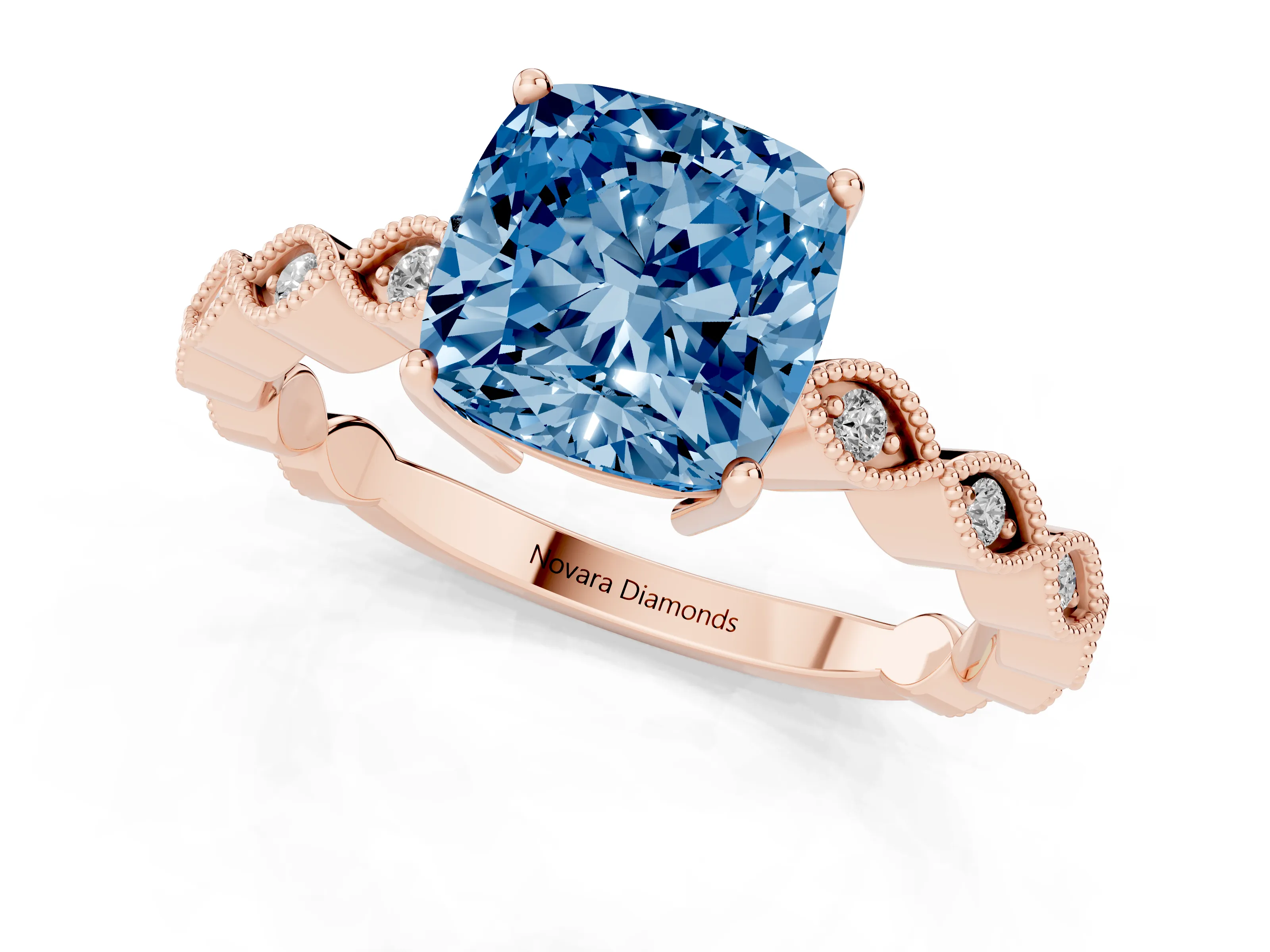 Fancy Blue Cushion Cut Diamond Solitaire Ring Set in Rose gold with Infinity Twist Pavé Band