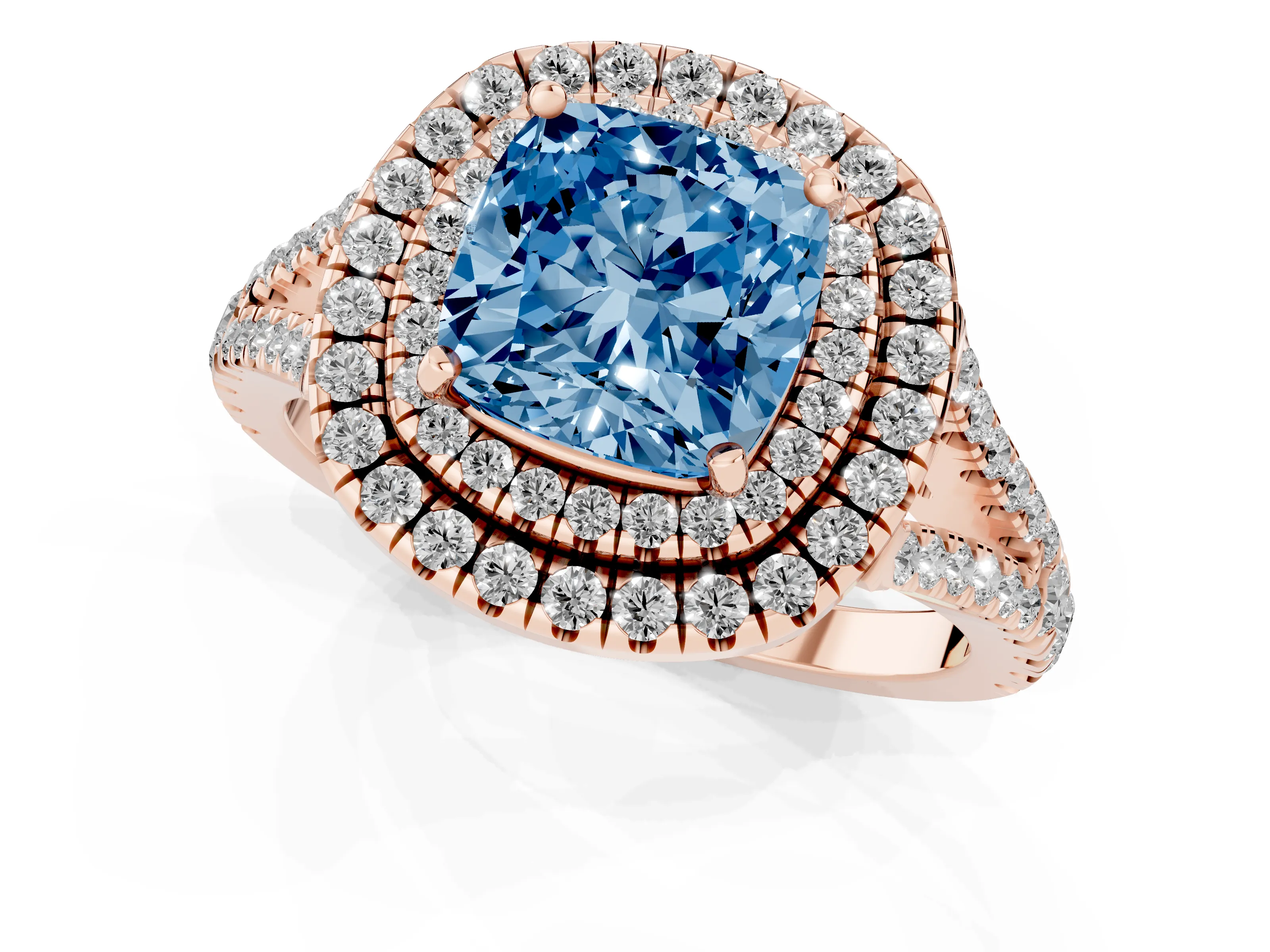 Fancy Blue Cushion Cut Diamond Double Halo Ring Set in Rose gold with Pavé Band