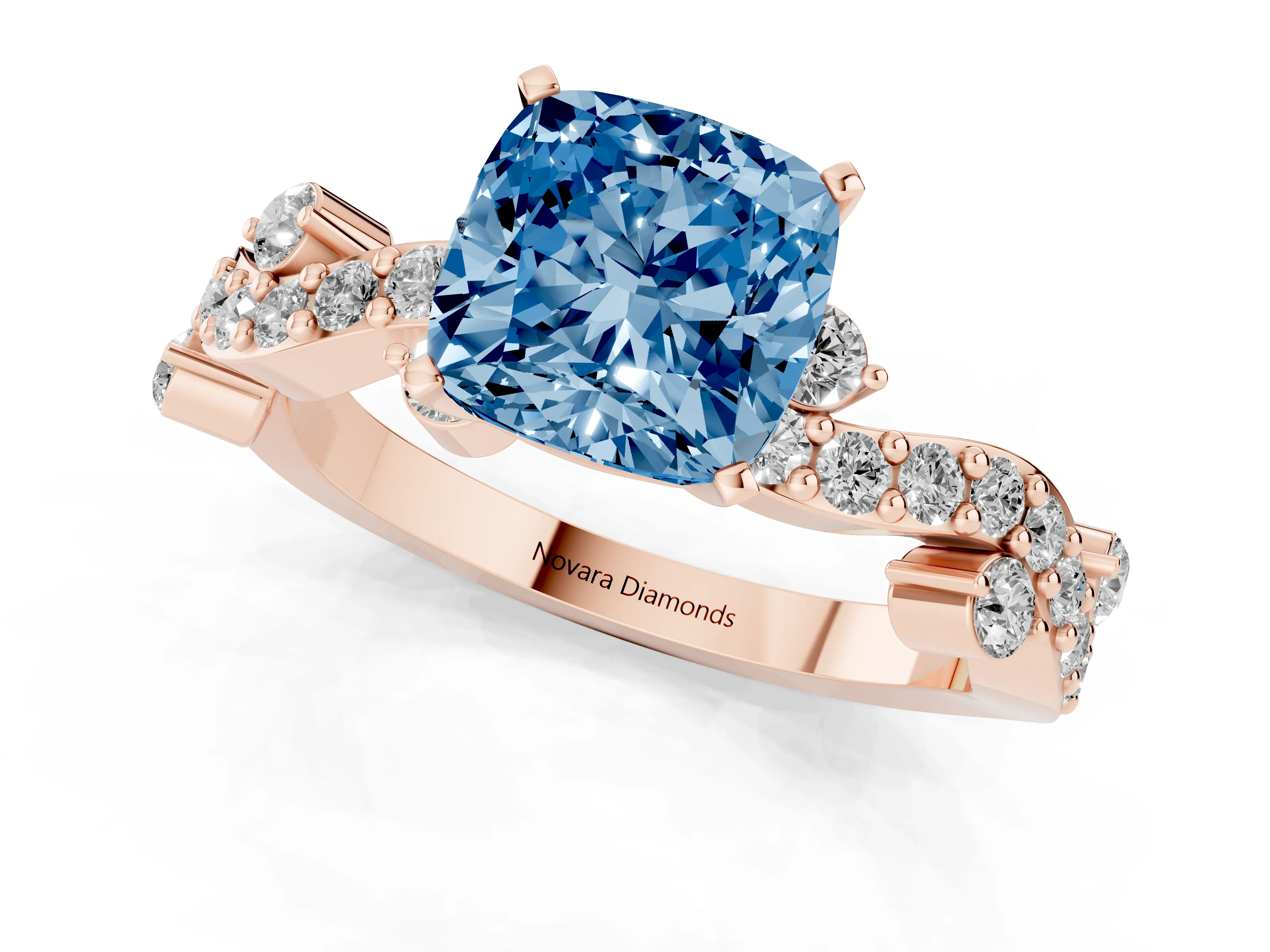 Fancy Blue Cushion Cut Diamond Solitaire Twisted Band Set in Rose gold with Pavé Setting