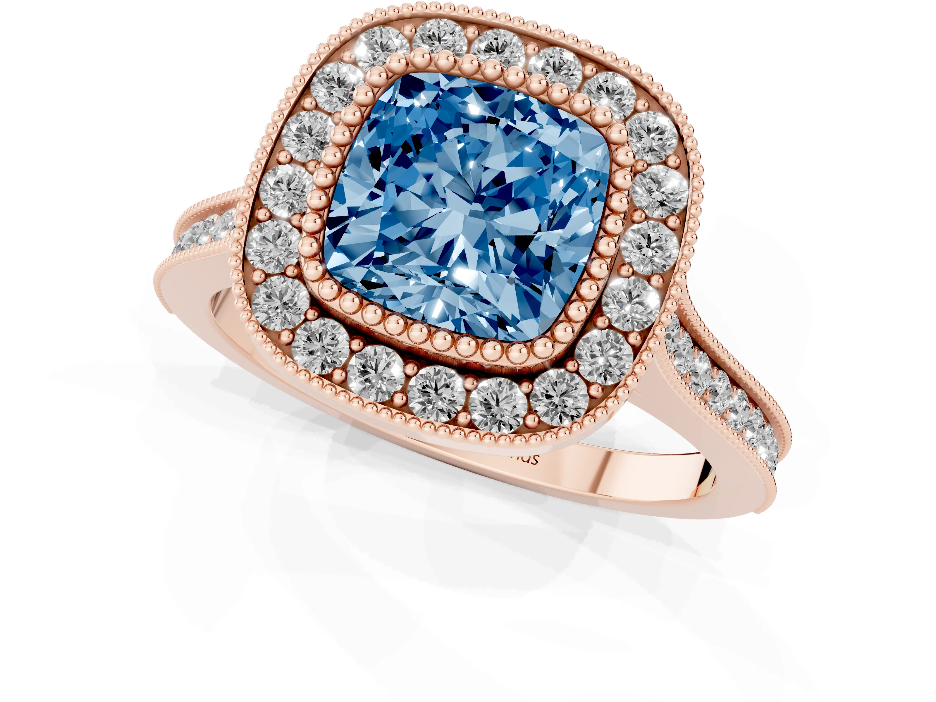 Fancy Blue Cushion Cut Diamond Halo Ring Set in Rose gold with Milgrain Frame and Pavé Band