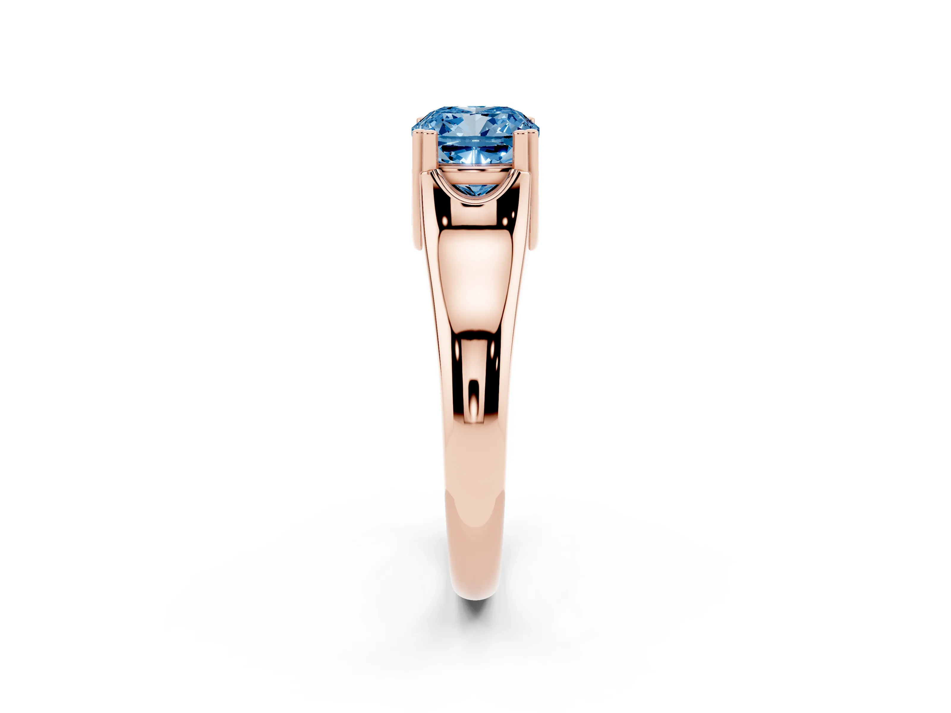 Fancy Blue Cushion Cut Diamond Solitaire Ring Set in Rose gold with Wide Band and Prong Setting