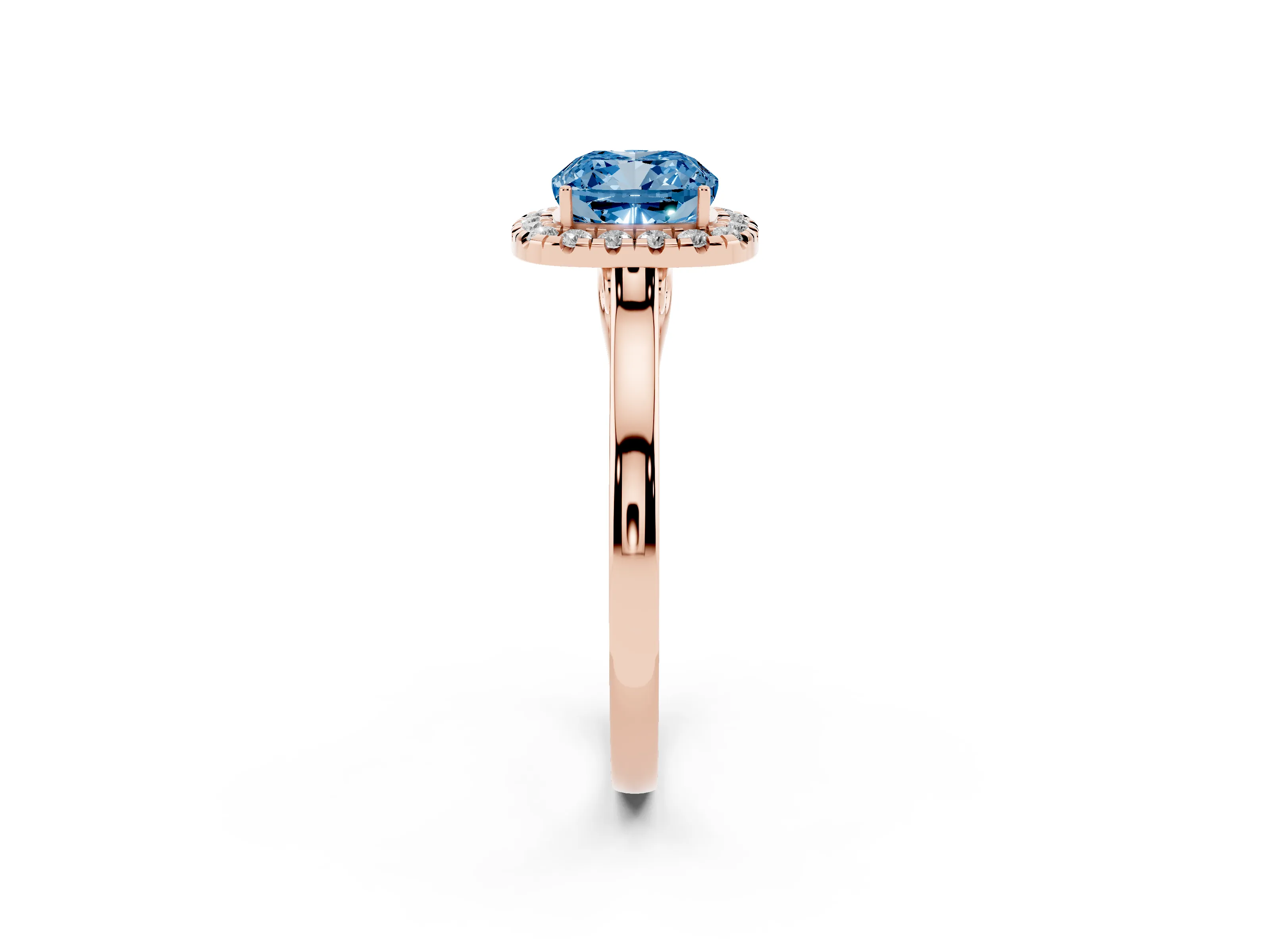 Fancy Blue Cushion Cut Halo Round Diamond Solitaire Ring Set in Rose gold with Pavé Band and Prong Setting