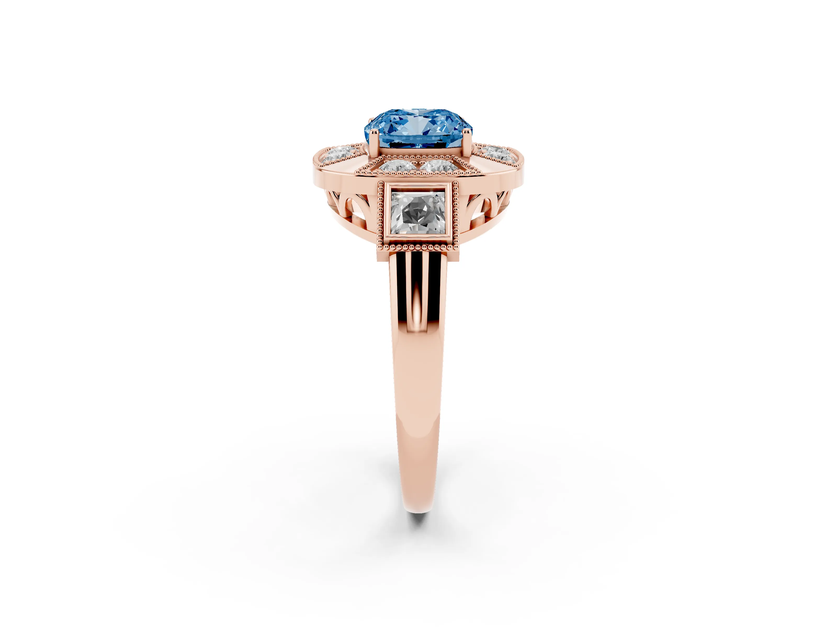 Fancy Blue Cushion Cut Diamond Milgrain Halo Ring Set in Rose gold with Split Shank