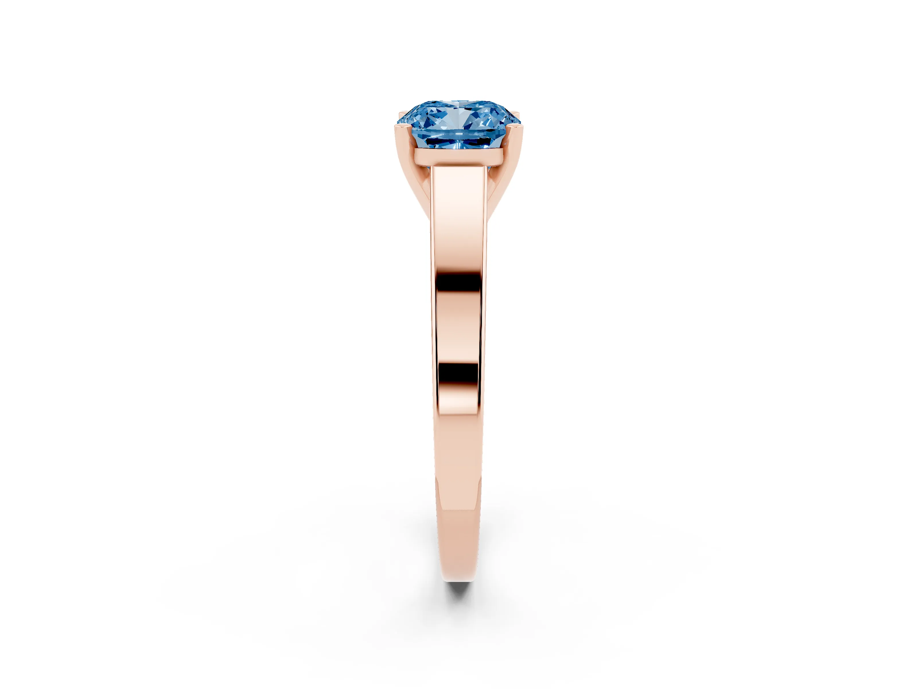 Fancy Blue Cushion Cut Diamond Solitaire Engagement Ring Set in Rose gold with Prong Setting and Tapered Band