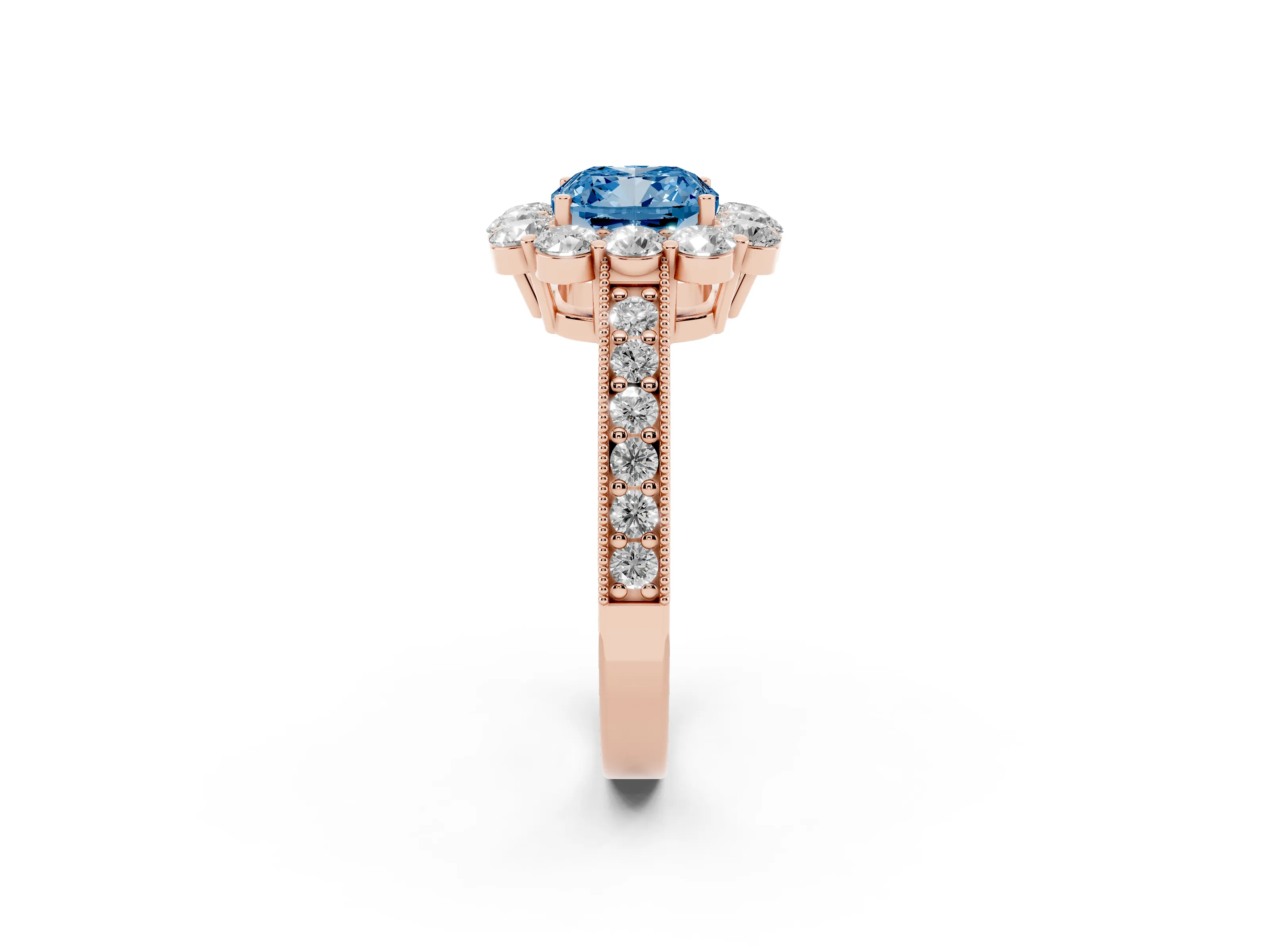 Fancy Blue Cushion Cut Diamond Halo Pavé Engagement Ring Set in Rose gold with Milgrain Detailing