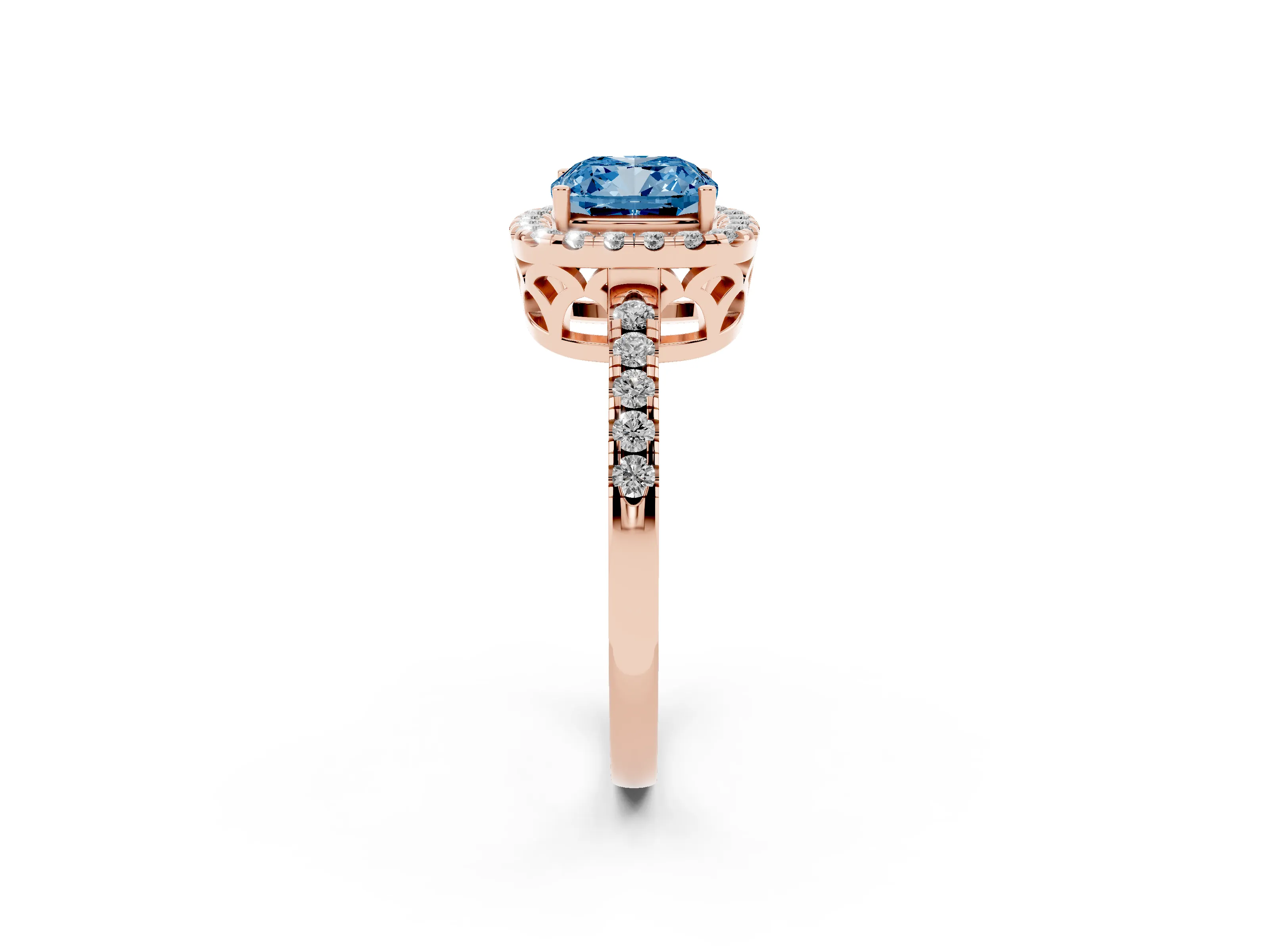 Fancy Blue Cushion Cut Diamond Pavé Band Halo Engagement Ring Set in Rose gold with Prong Setting