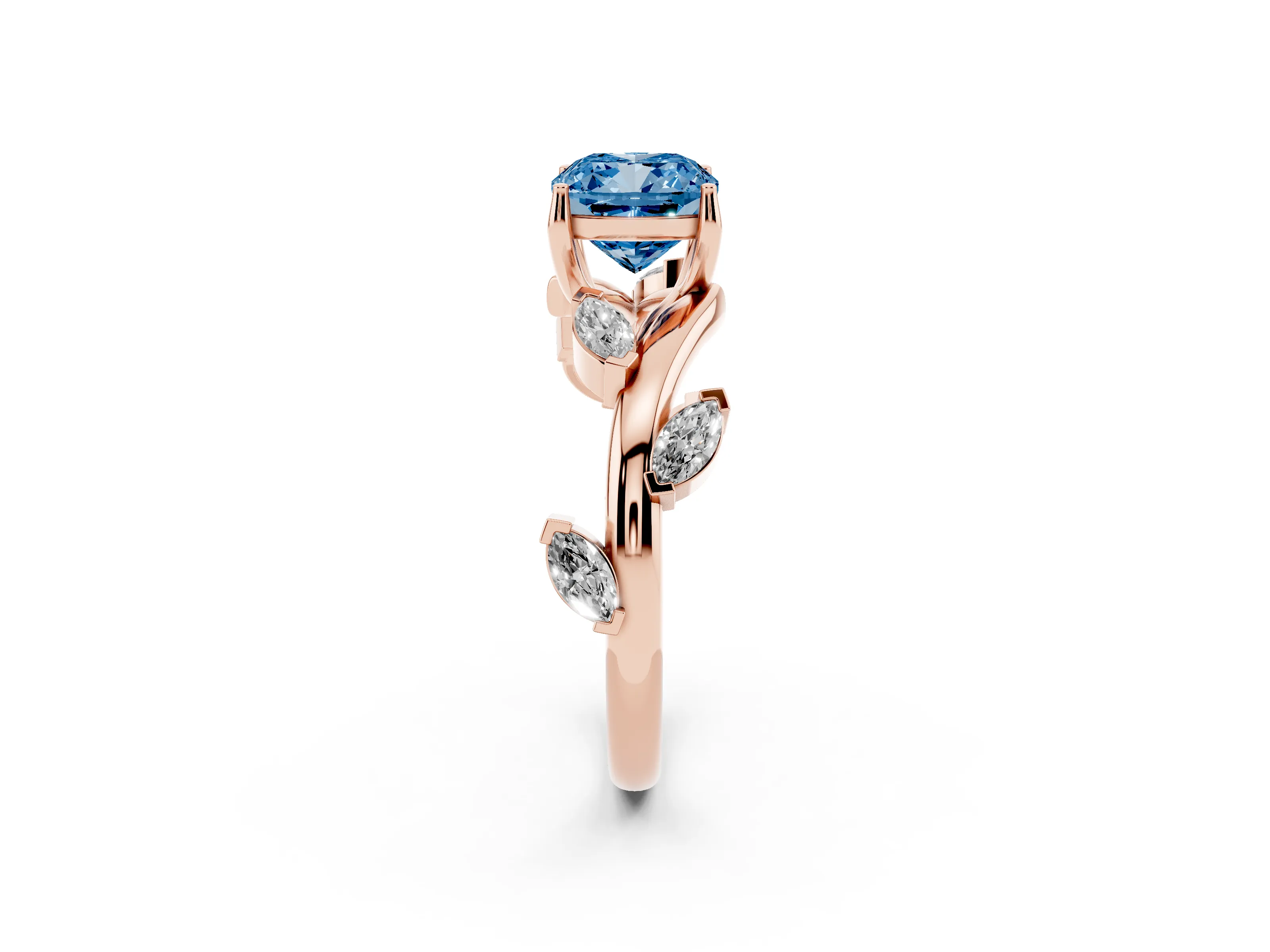 Fancy Blue Cushion Cut Diamond Solitaire Ring Set in Rose gold with Twisted Marquise Accent Band