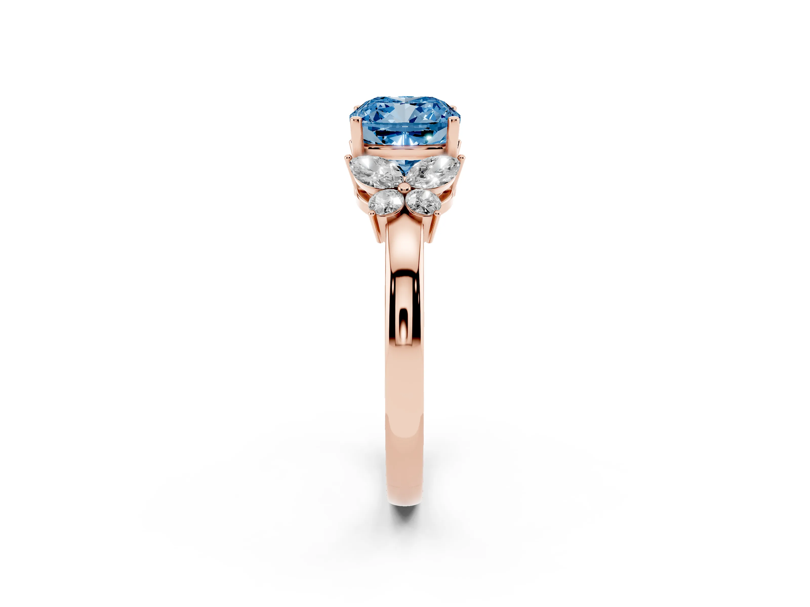 Fancy Blue Cushion Cut Diamond Solitaire Floral Ring Set in Rose gold with Marquise Petals and Prong Setting