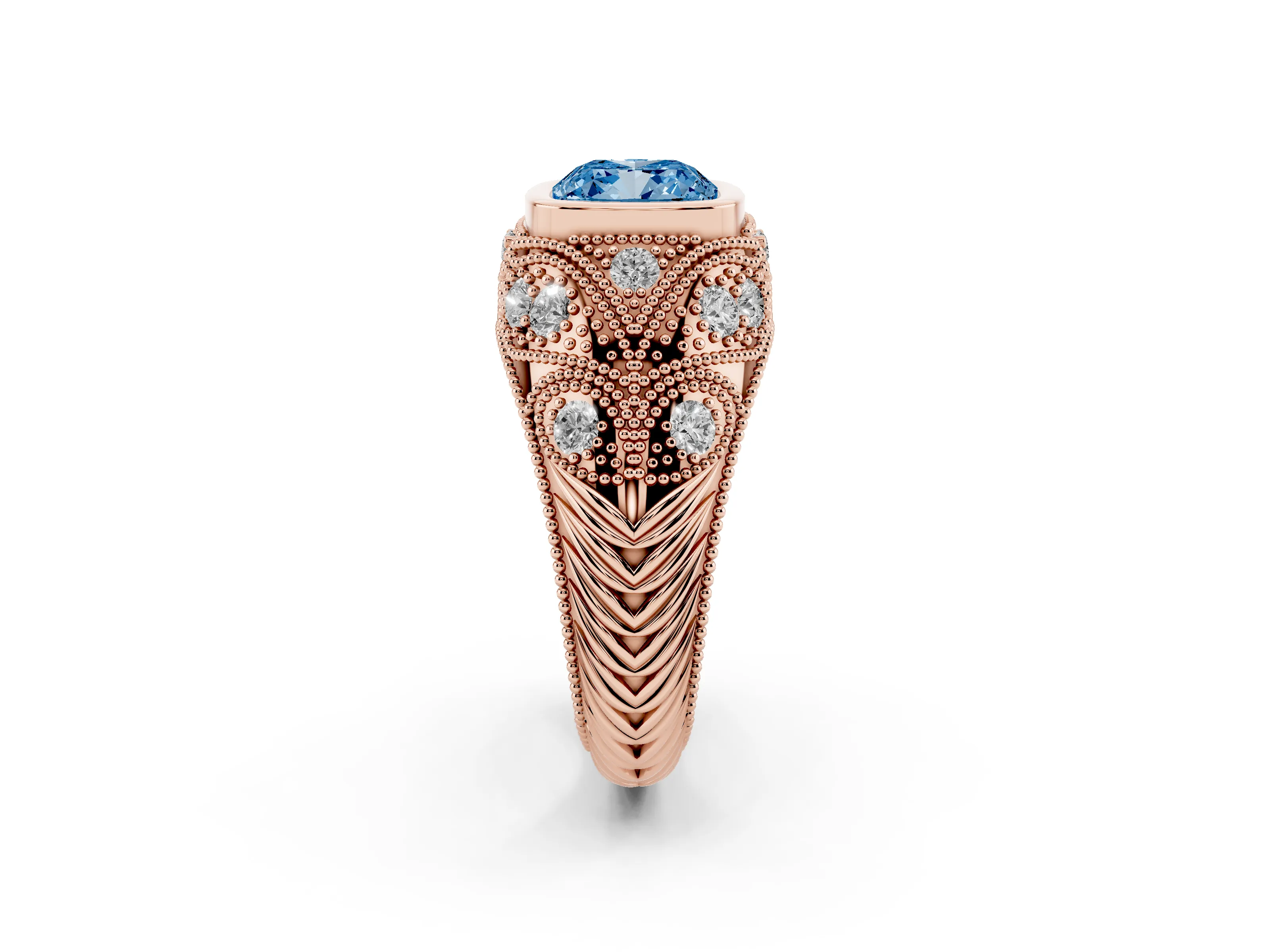 Fancy Blue Cushion Cut Diamond Bezel Ring Set in Rose gold with Milgrain Accent Band