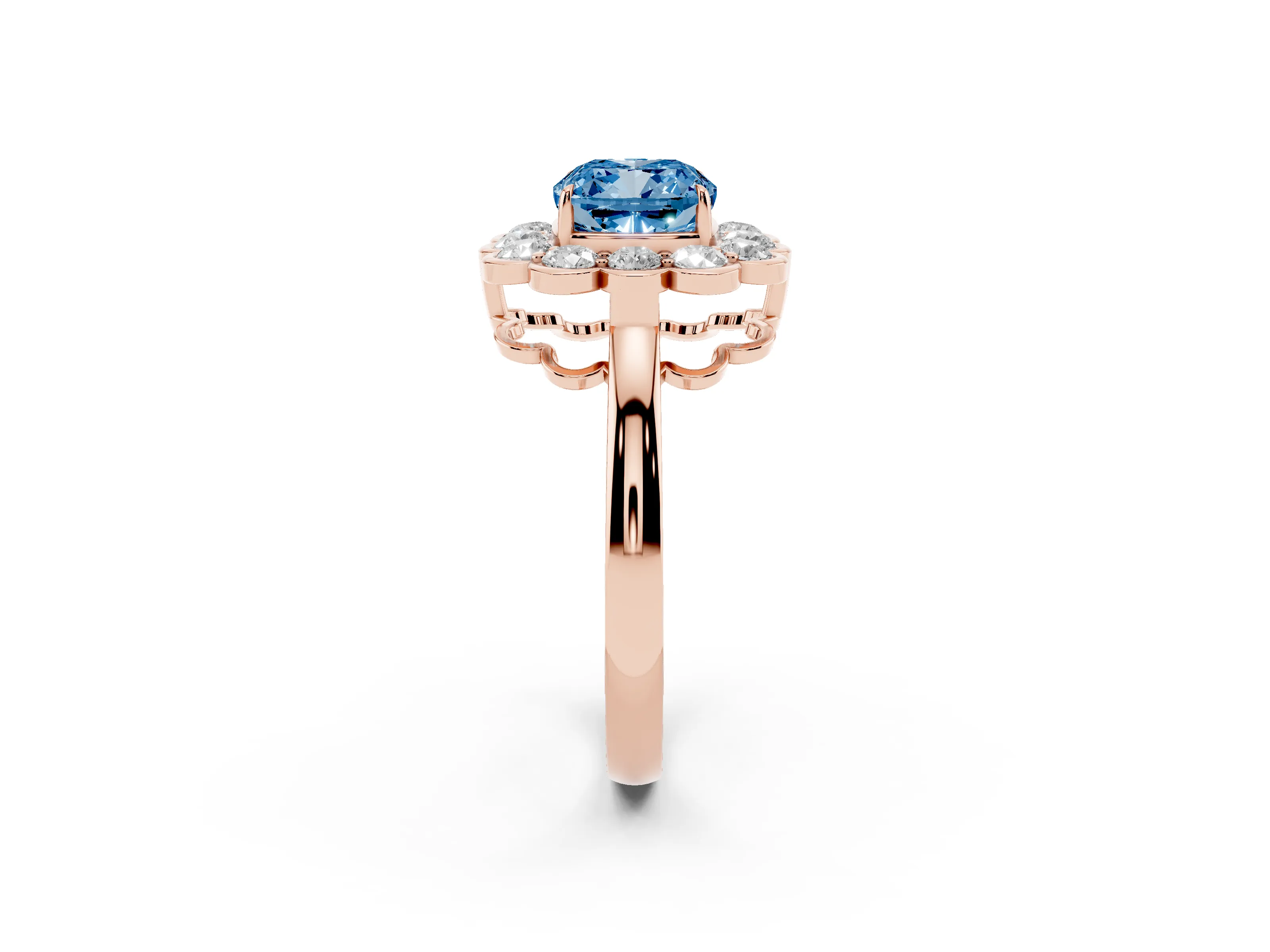 Fancy Blue Cushion Cut Diamond Halo Cluster Engagement Ring Set in Rose gold with Solitaire Band and Prong Setting
